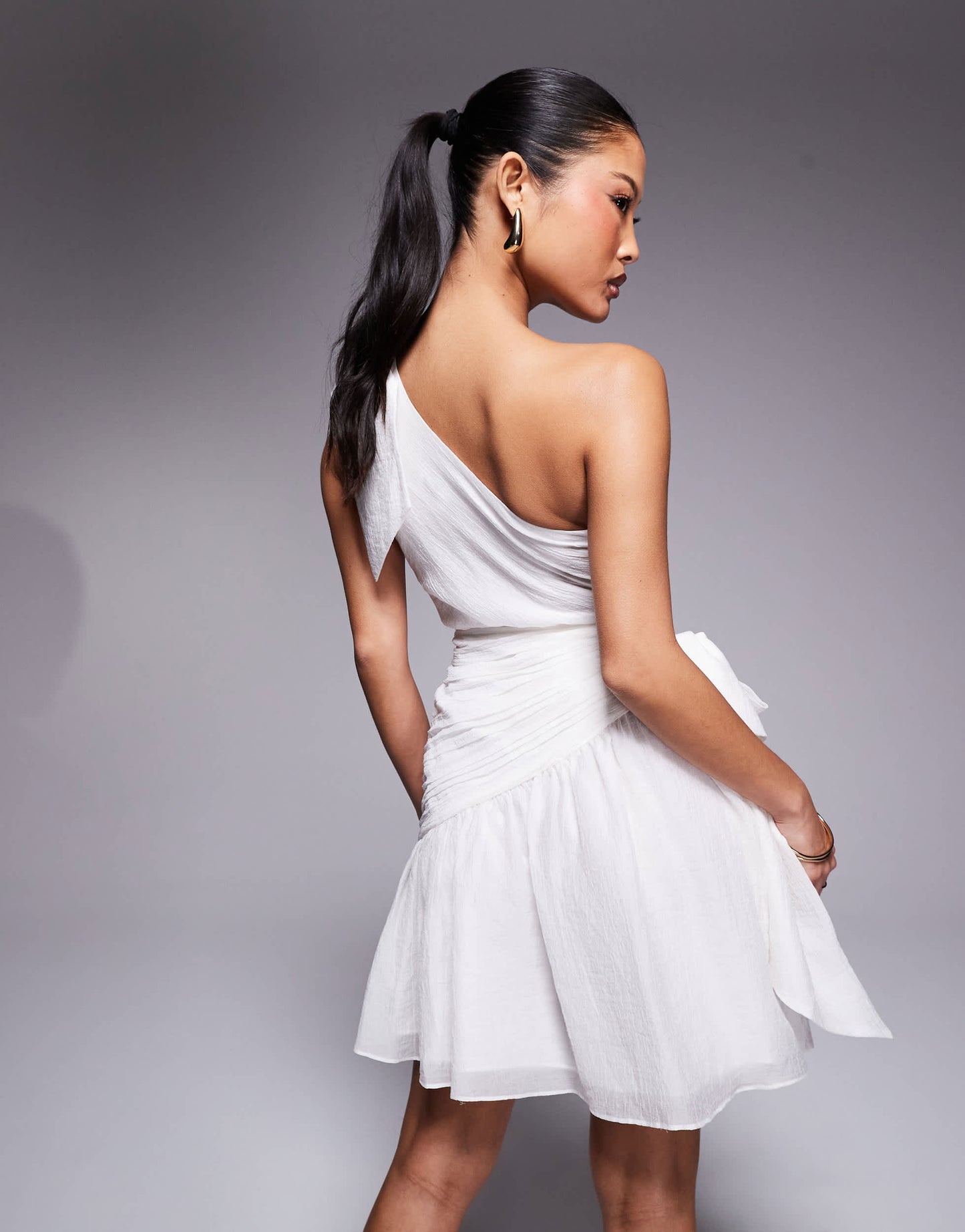 Forever New Petite bow detail asymmetric mini dress in Porcelain