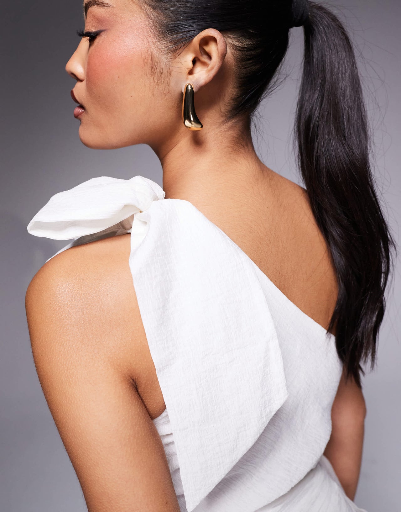 Forever New Petite bow detail asymmetric mini dress in Porcelain