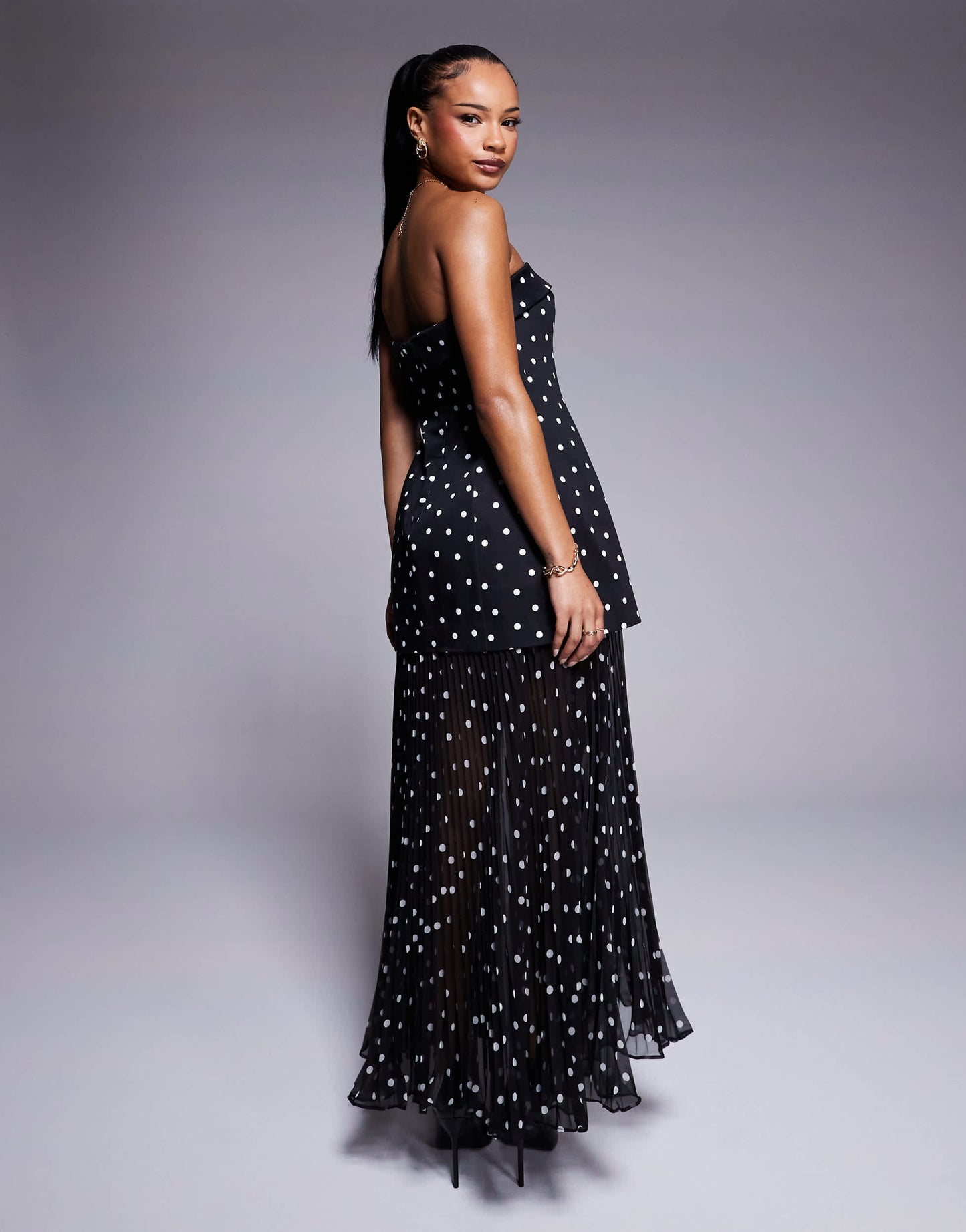 Forever New Petite pleated sheer midaxi dress in black polka dot