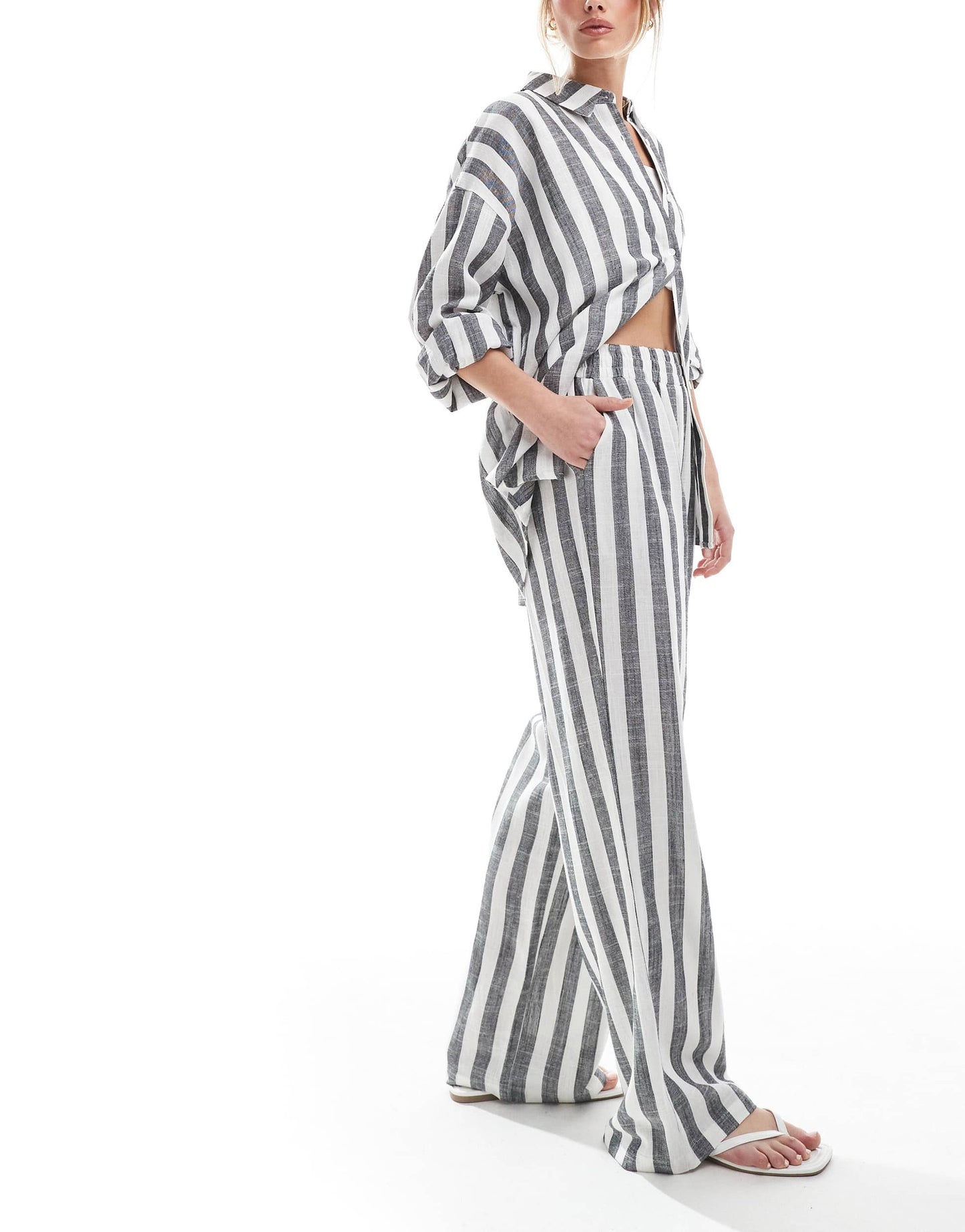 4th & Reckless linen blend wide leg beach trouser co-ord in grey & white stripe