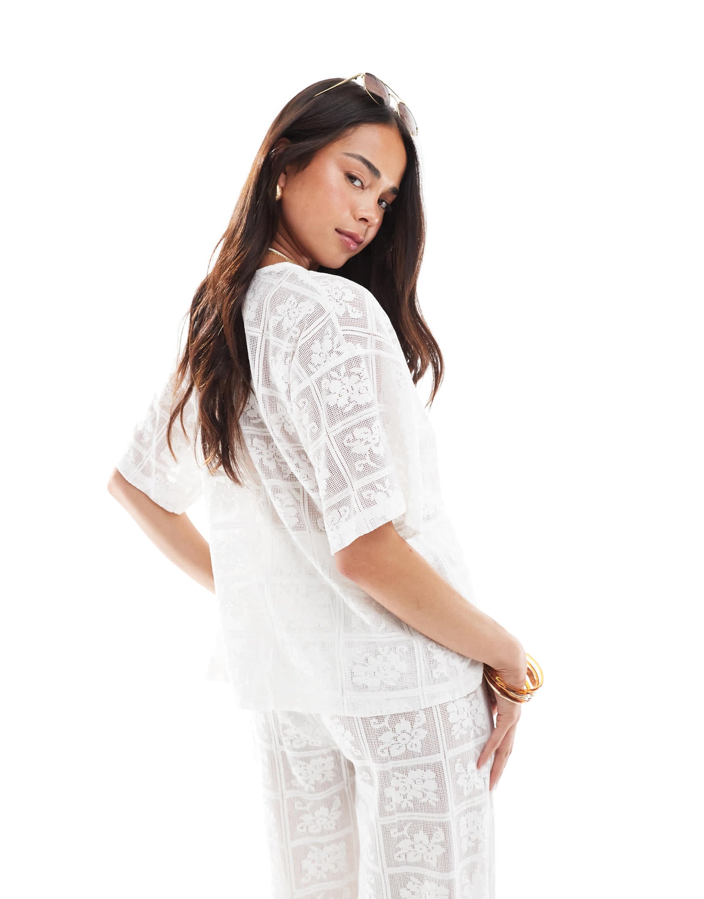 4th & Reckless beach crochet lace tie front top co-ord in white