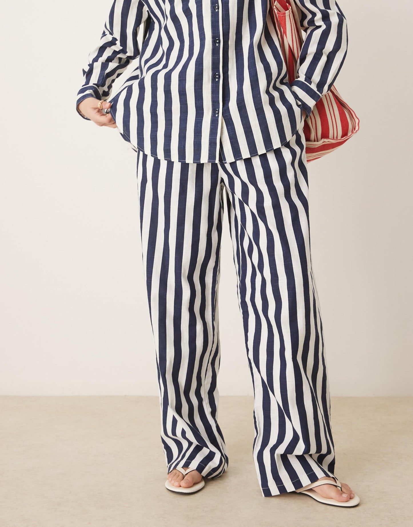 ASOS DESIGN linen look pull on trouser co-ord in navy stripe