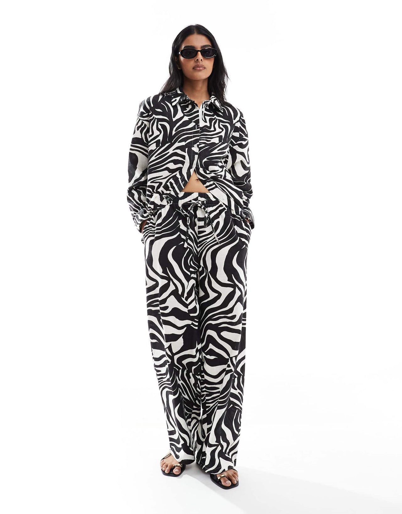 ASOS DESIGN linen look pull on trousers co-ord in spliced zebra print