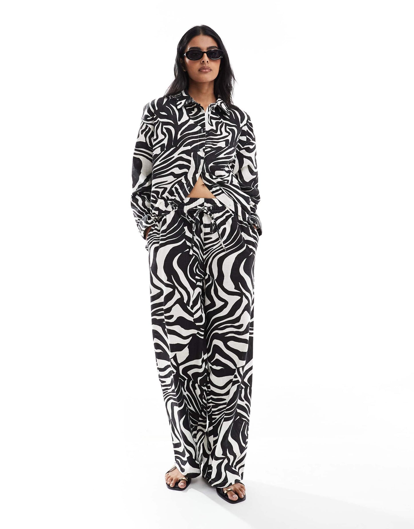 ASOS DESIGN linen look pull on trousers co-ord in spliced zebra print