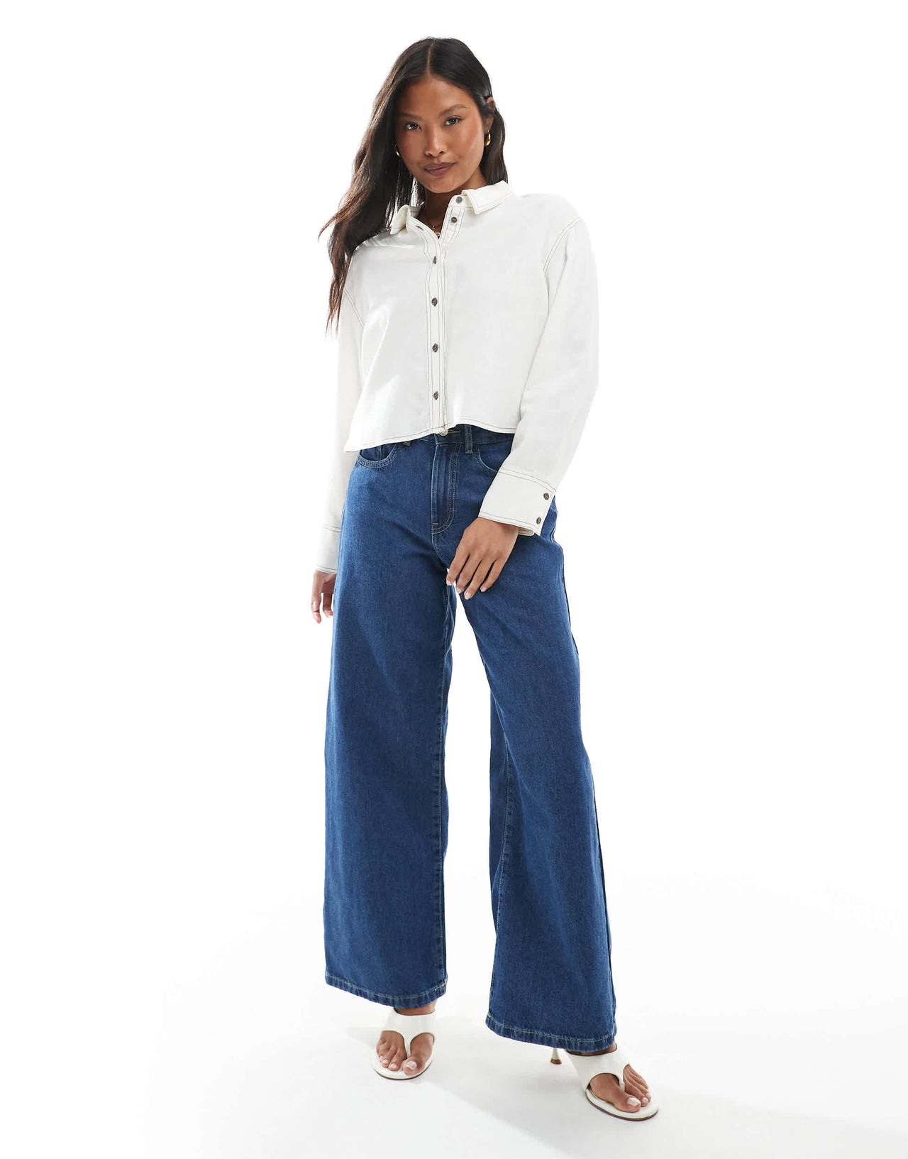 ONLY Petite linen cropped shirt with contrast stitch in white