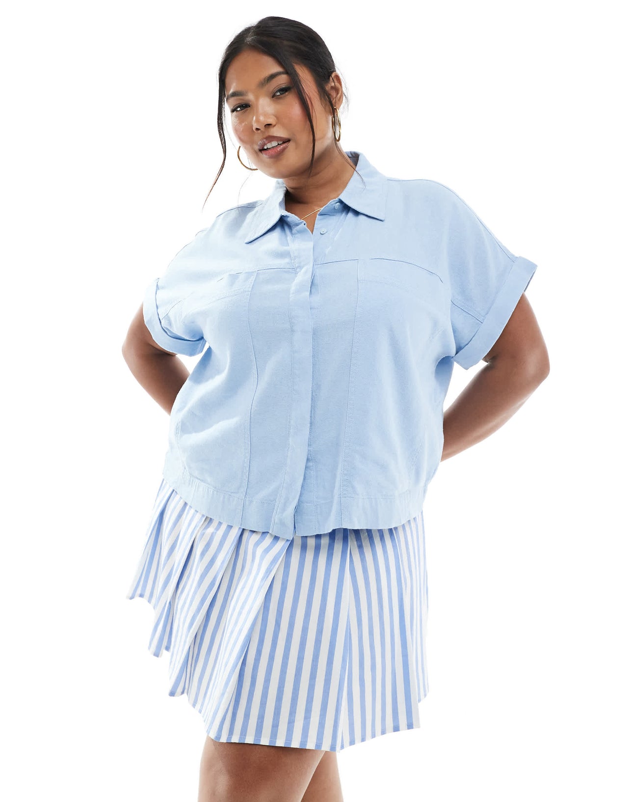 ONLY Curve short sleeve boxy shirt in light blue