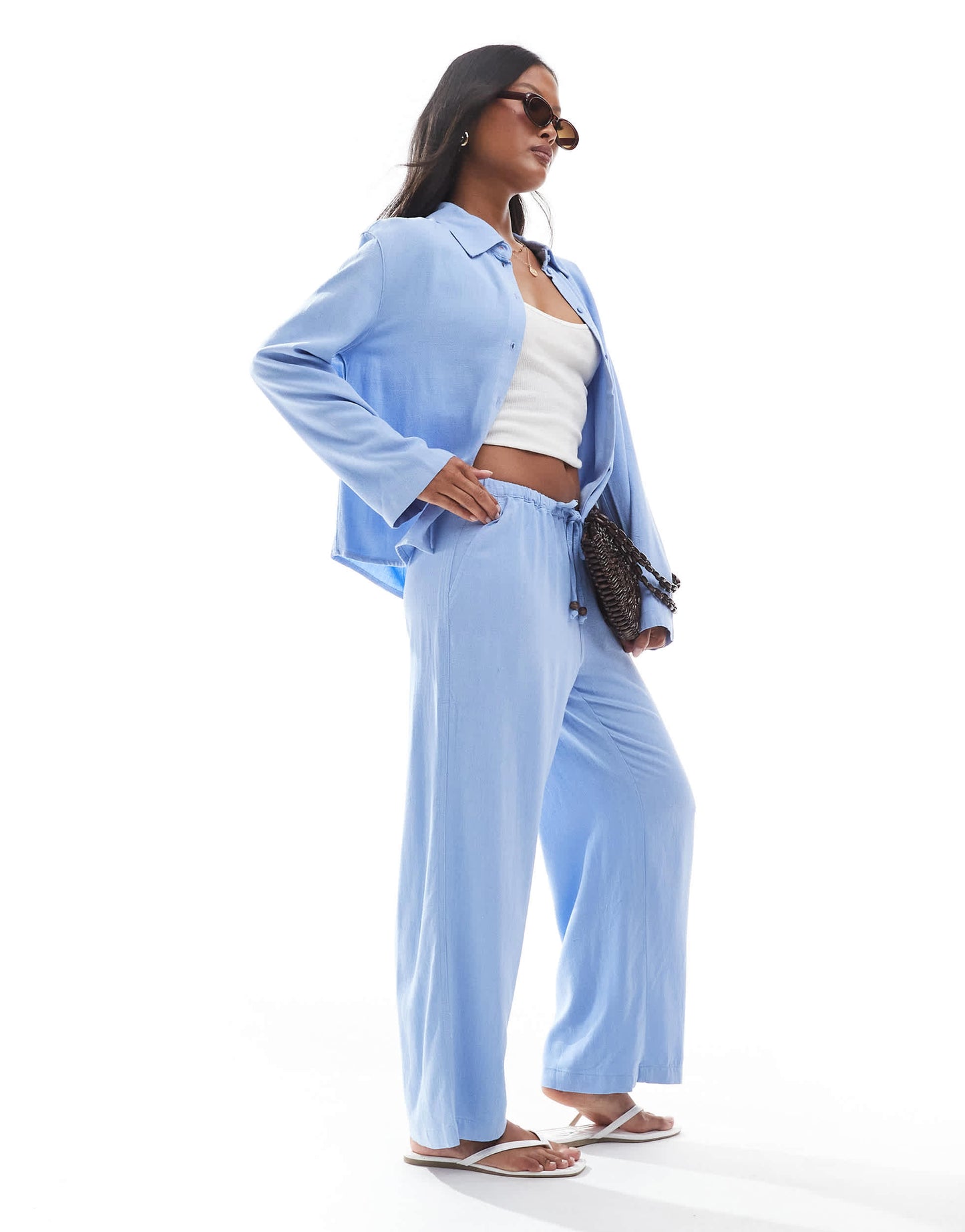 ONLY Petite linen mix pull on wide leg trousers co-ord with beads detail in light blue