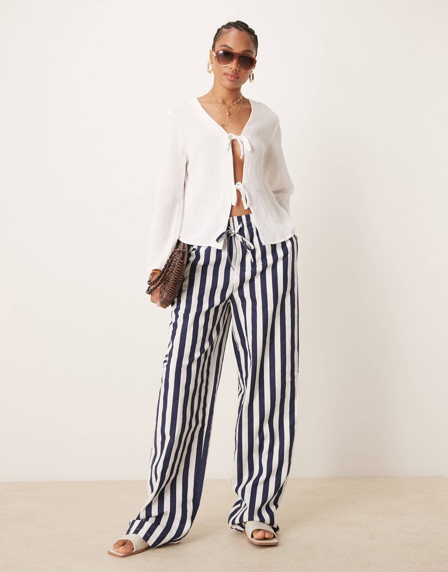 ASOS DESIGN Tall linen look pull on trousers in navy stripe