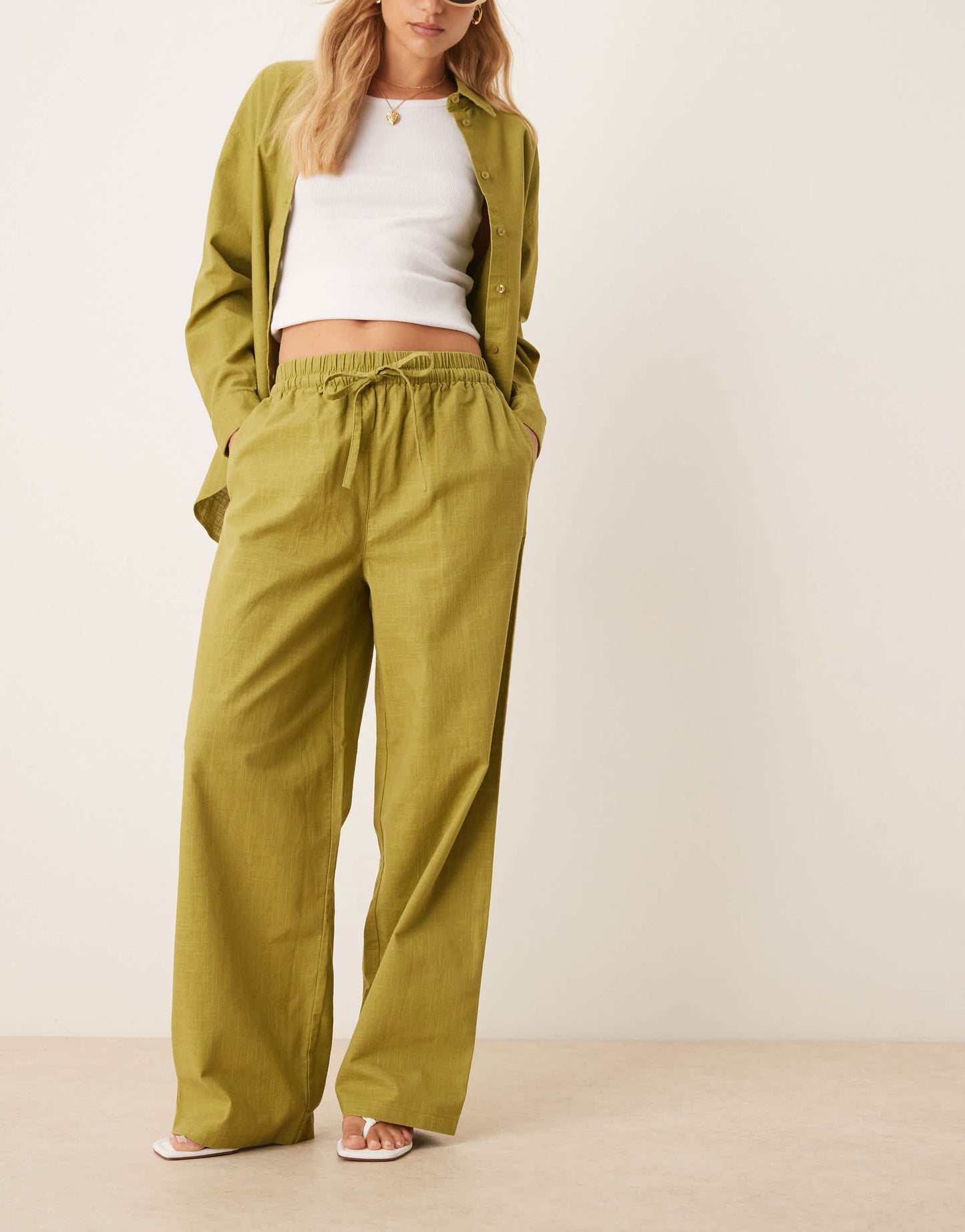 ASOS DESIGN linen look pull on trousers co-ord in olive