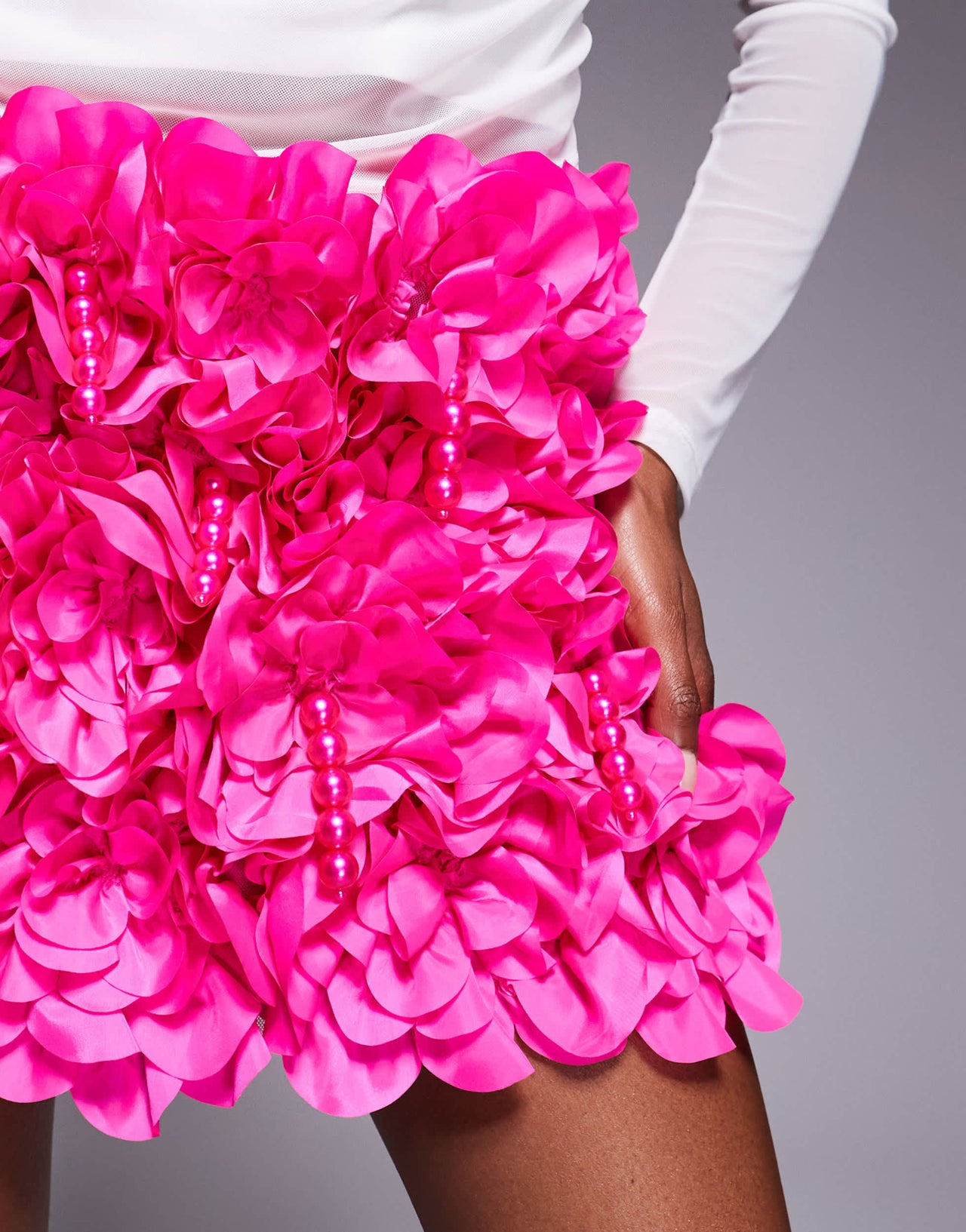 ASOS LUXE 3D floral ruffle mini skirt with drop pearls in pink