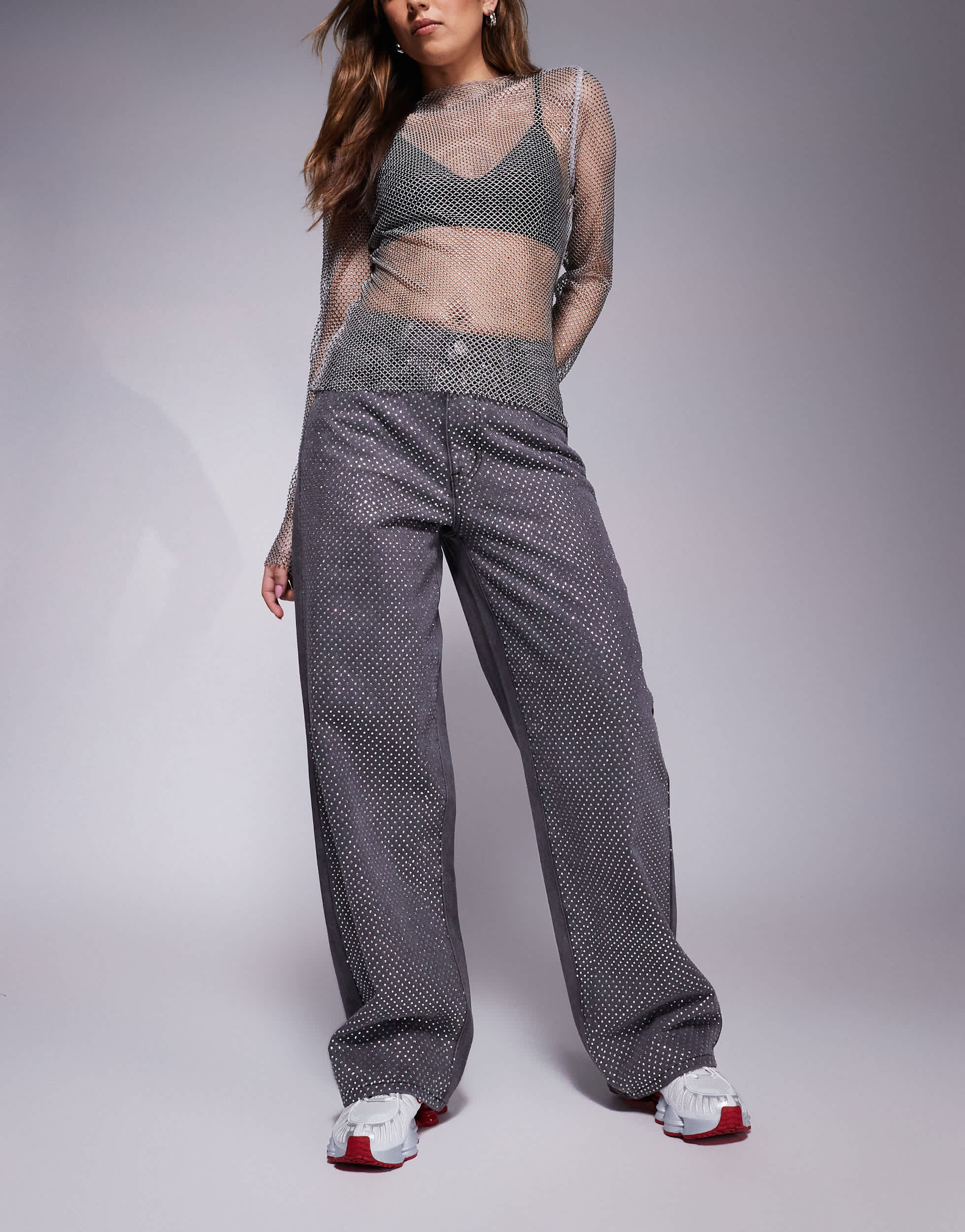 Liquor N Poker studded panel wide leg jean in washed grey