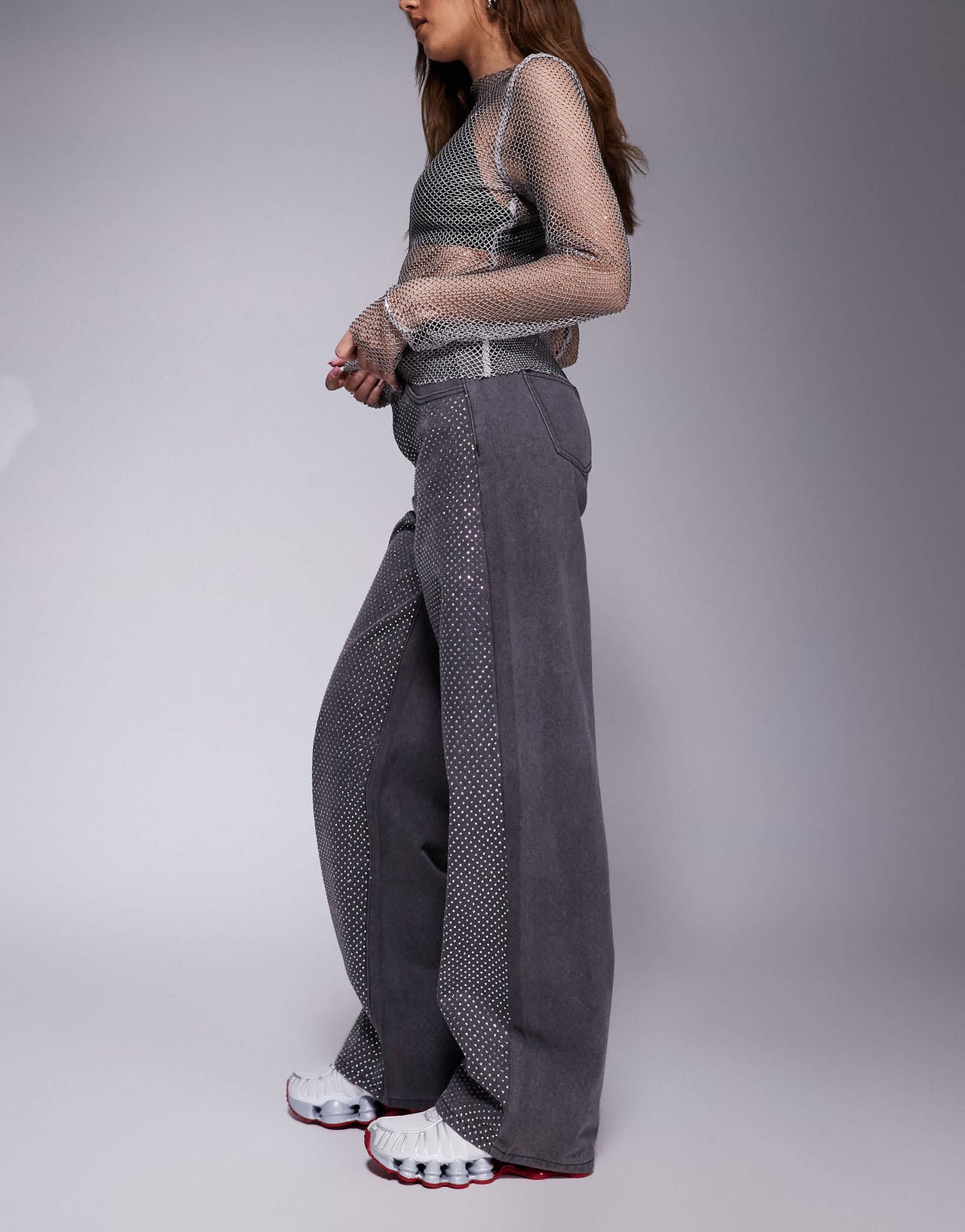 Liquor N Poker studded panel wide leg jean in washed grey