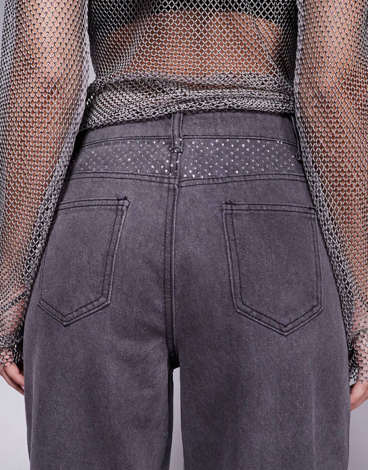 Liquor N Poker studded panel wide leg jean in washed grey