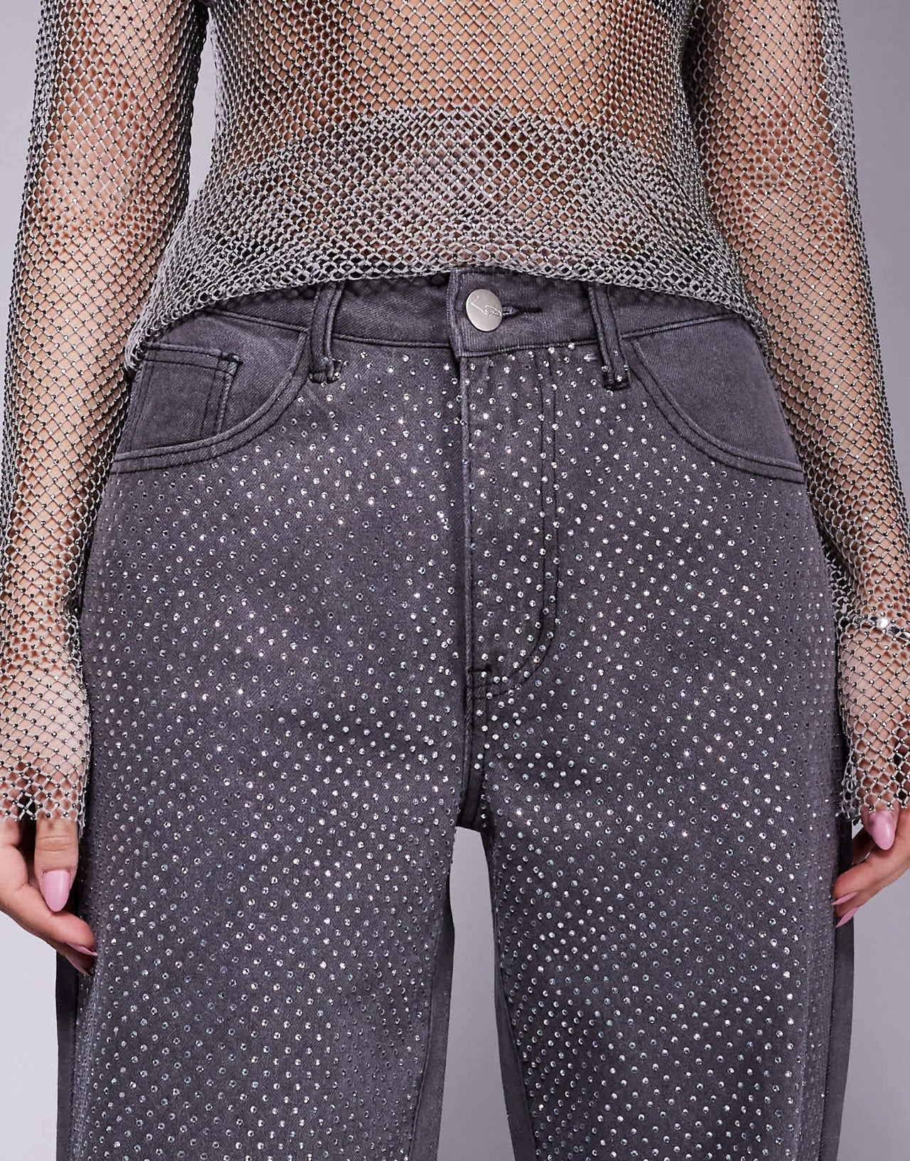 Liquor N Poker studded panel wide leg jean in washed grey