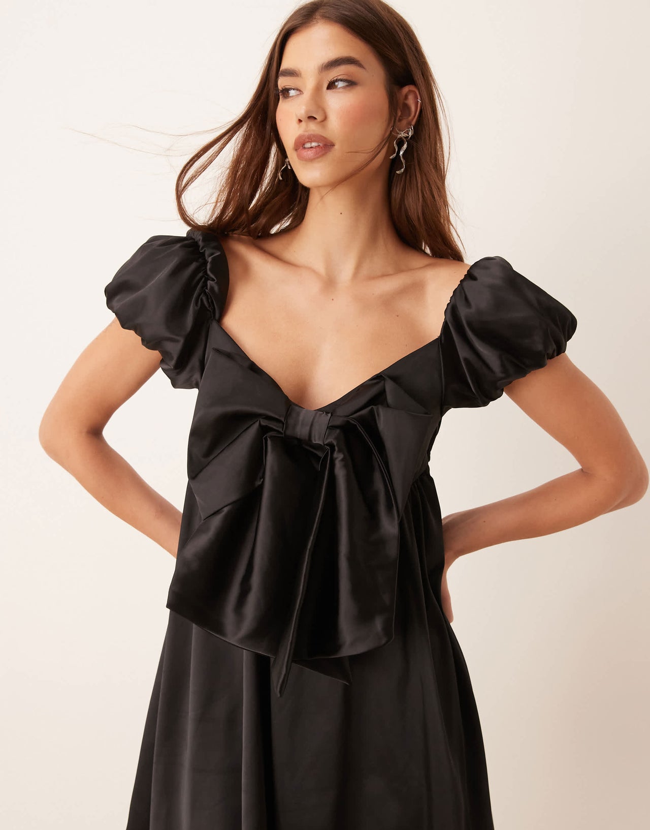 ASOS DESIGN satin oversized bow baby doll dress in black
