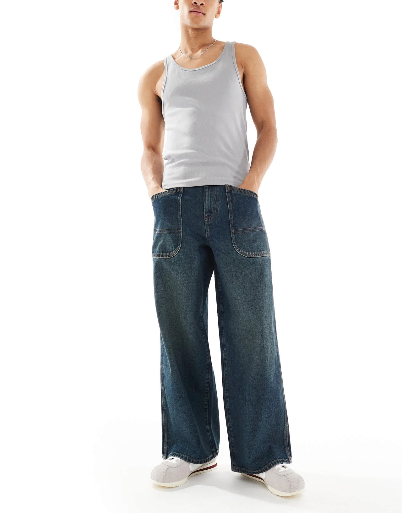 ASOS DESISN loose jeans with green tint in dark wash blue