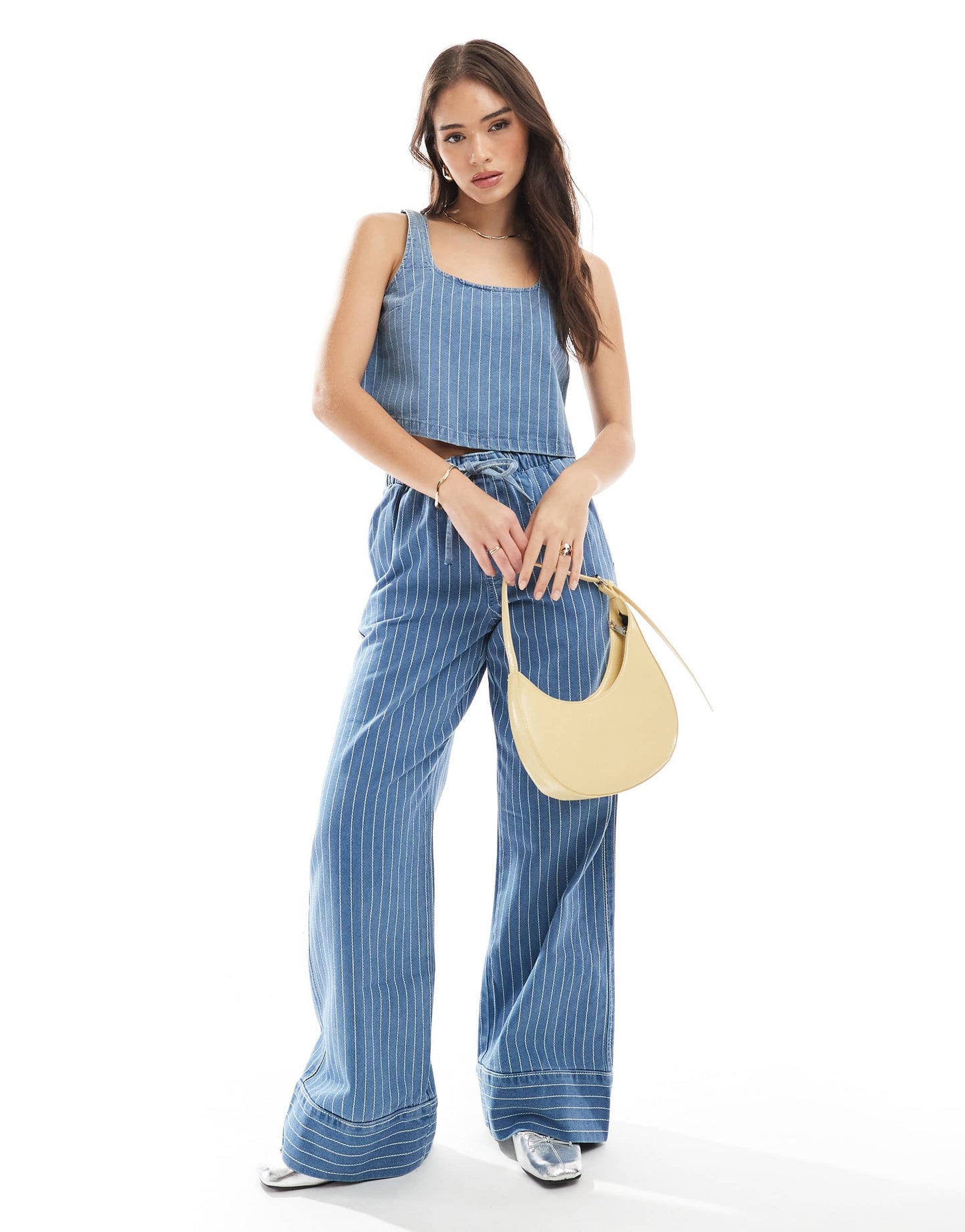 ASOS DESIGN denim vest top with embroidered stripe in blue co-ord
