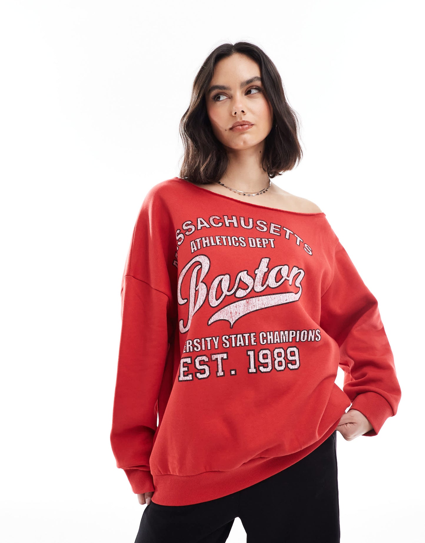 ASOS DESIGN Off shoulder sweatshirt with Boston graphic in red