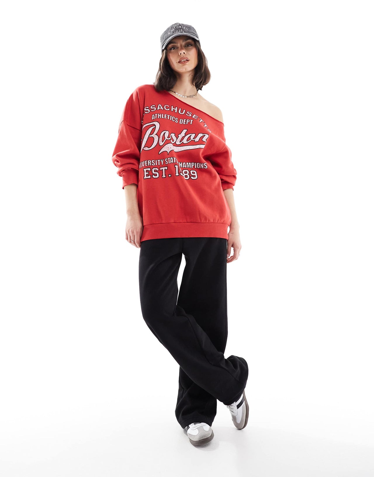 ASOS DESIGN Off shoulder sweatshirt with Boston graphic in red