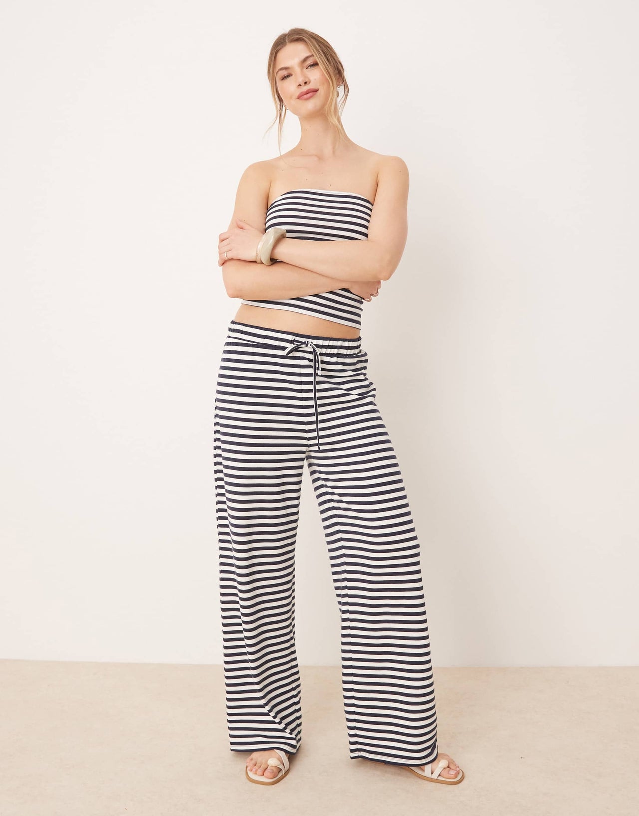 ASOS DESIGN low rise wide leg trouser co-ord in navy and white stripe