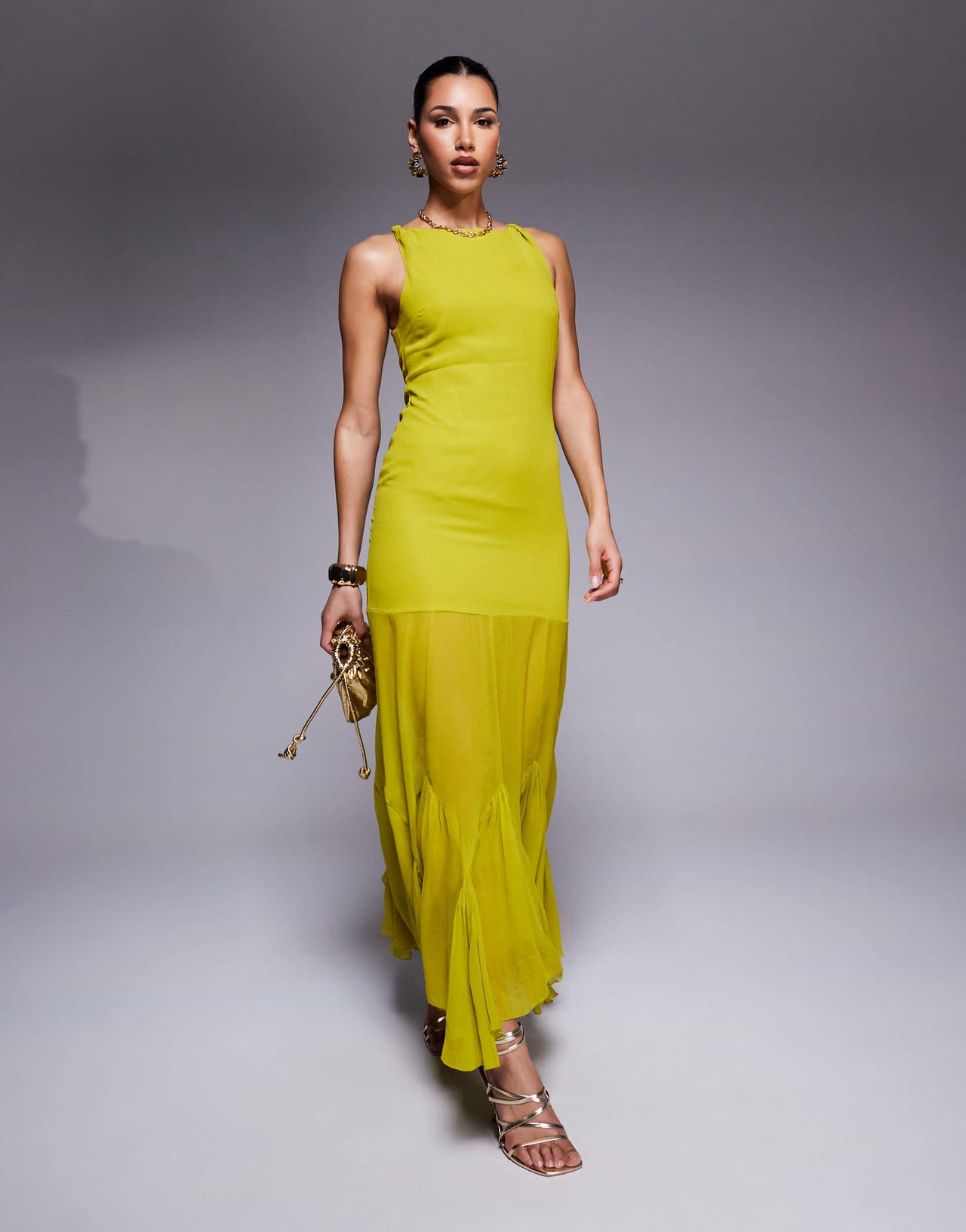 ASOS DESIGN dropped waist maxi dress witth full godet hem in lime green