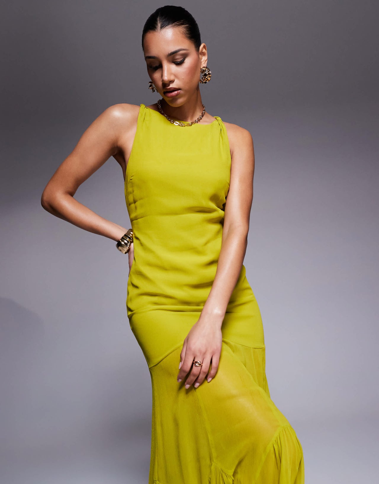 ASOS DESIGN dropped waist maxi dress witth full godet hem in lime green