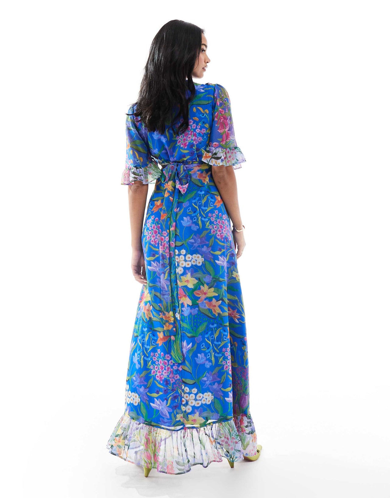 Hope & Ivy Maternity frill sleeve maxi wrap dress with tie waist in blue print