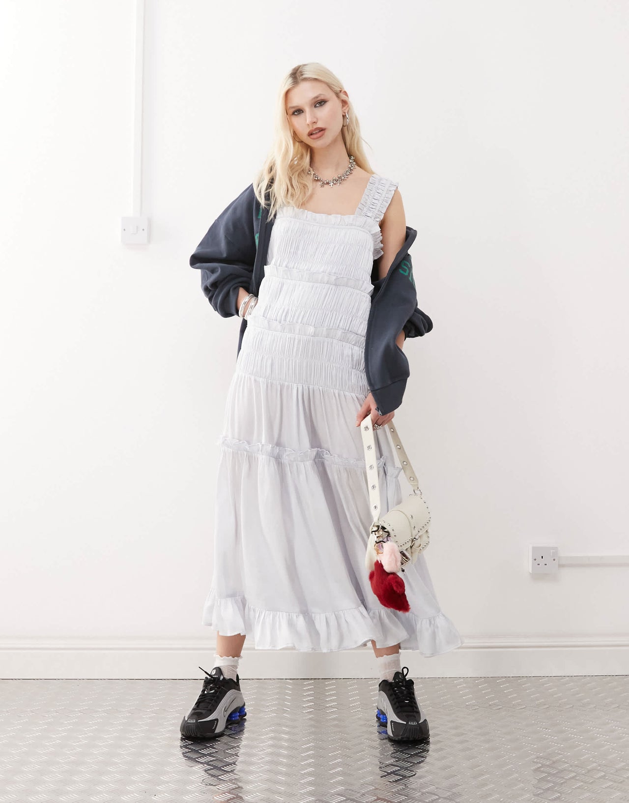 COLLUSION satin tiered maxi dress in light blue