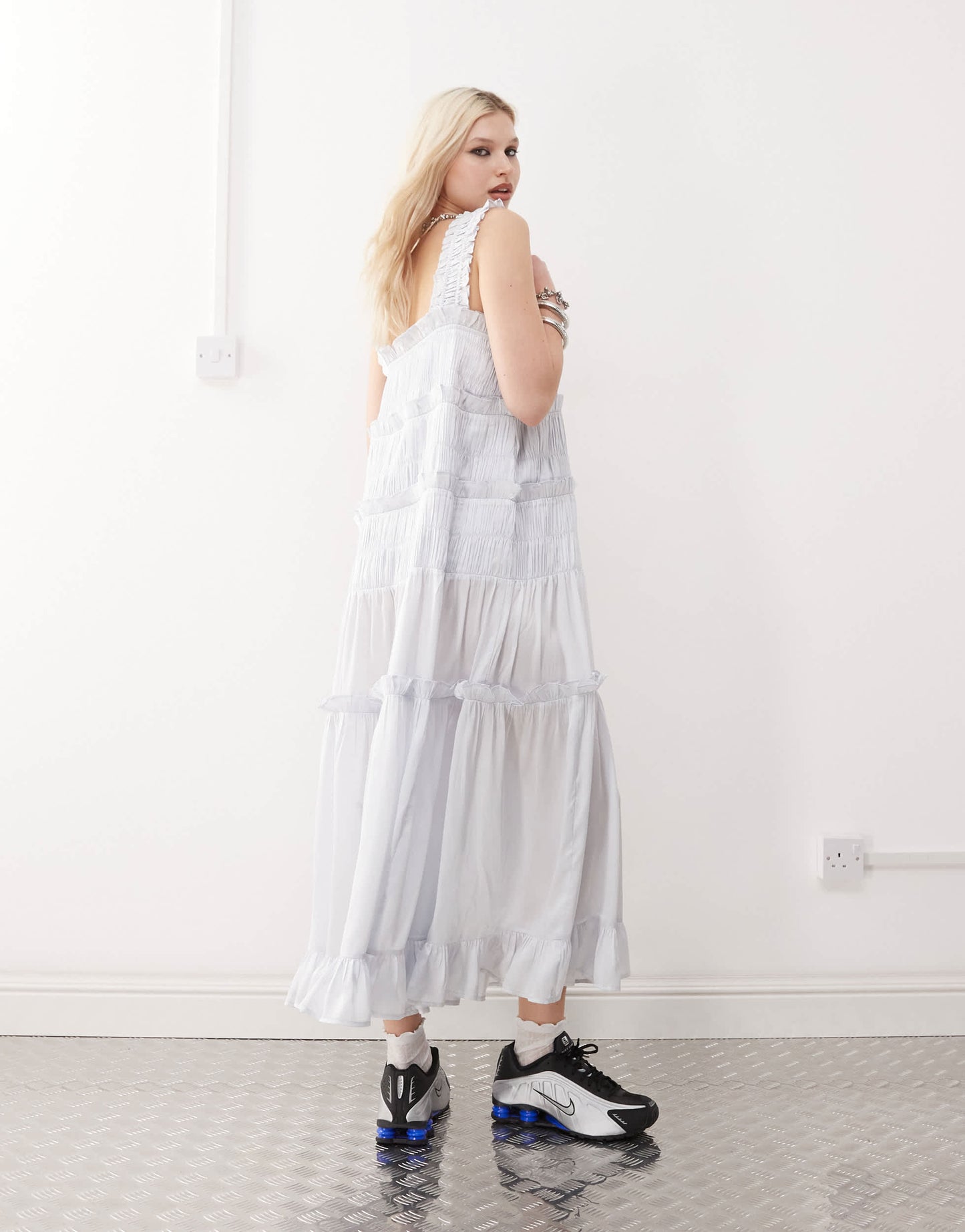 COLLUSION satin tiered maxi dress in light blue