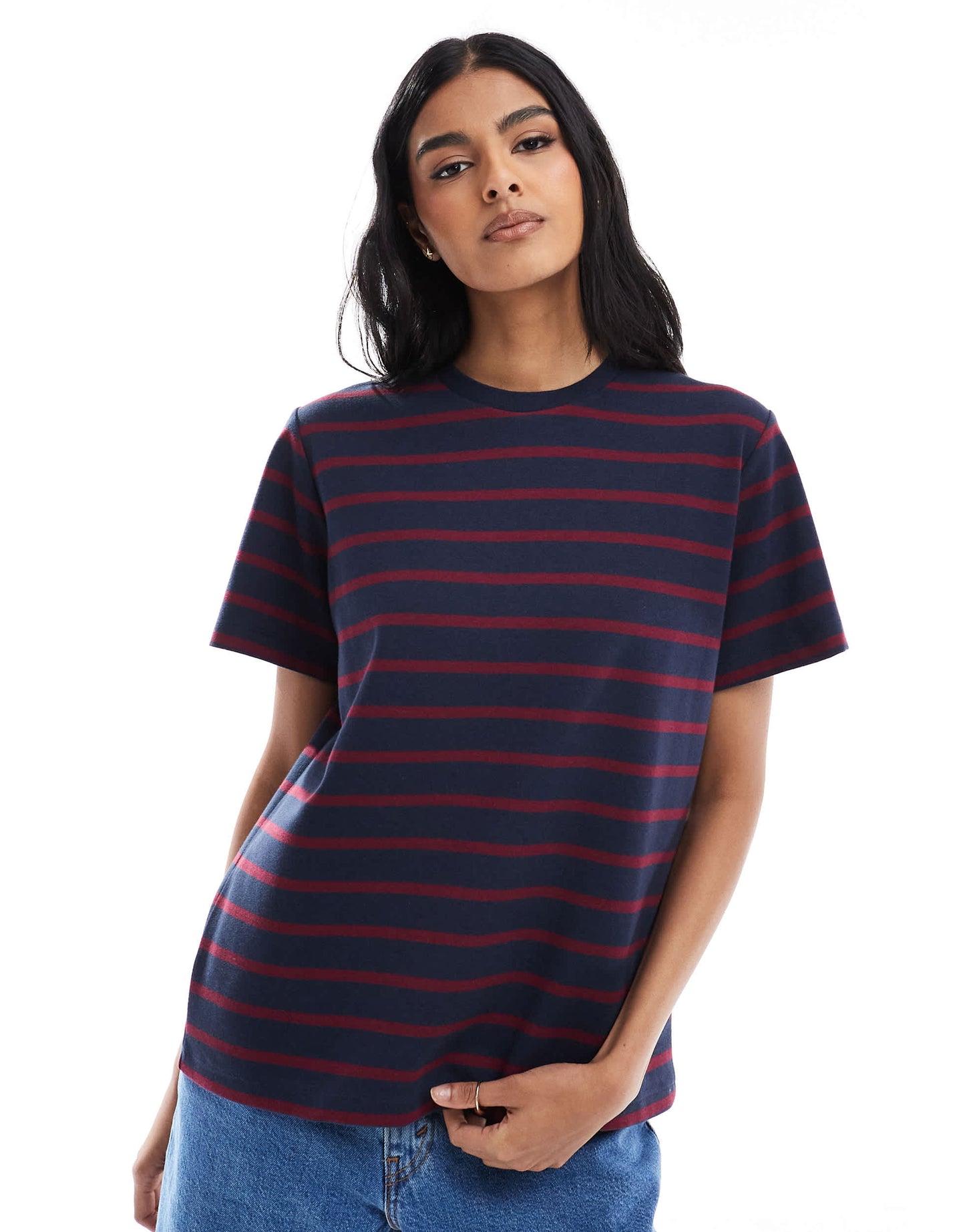 ASOS DESIGN regular fit t-shirt with burgundy and navy stripe design