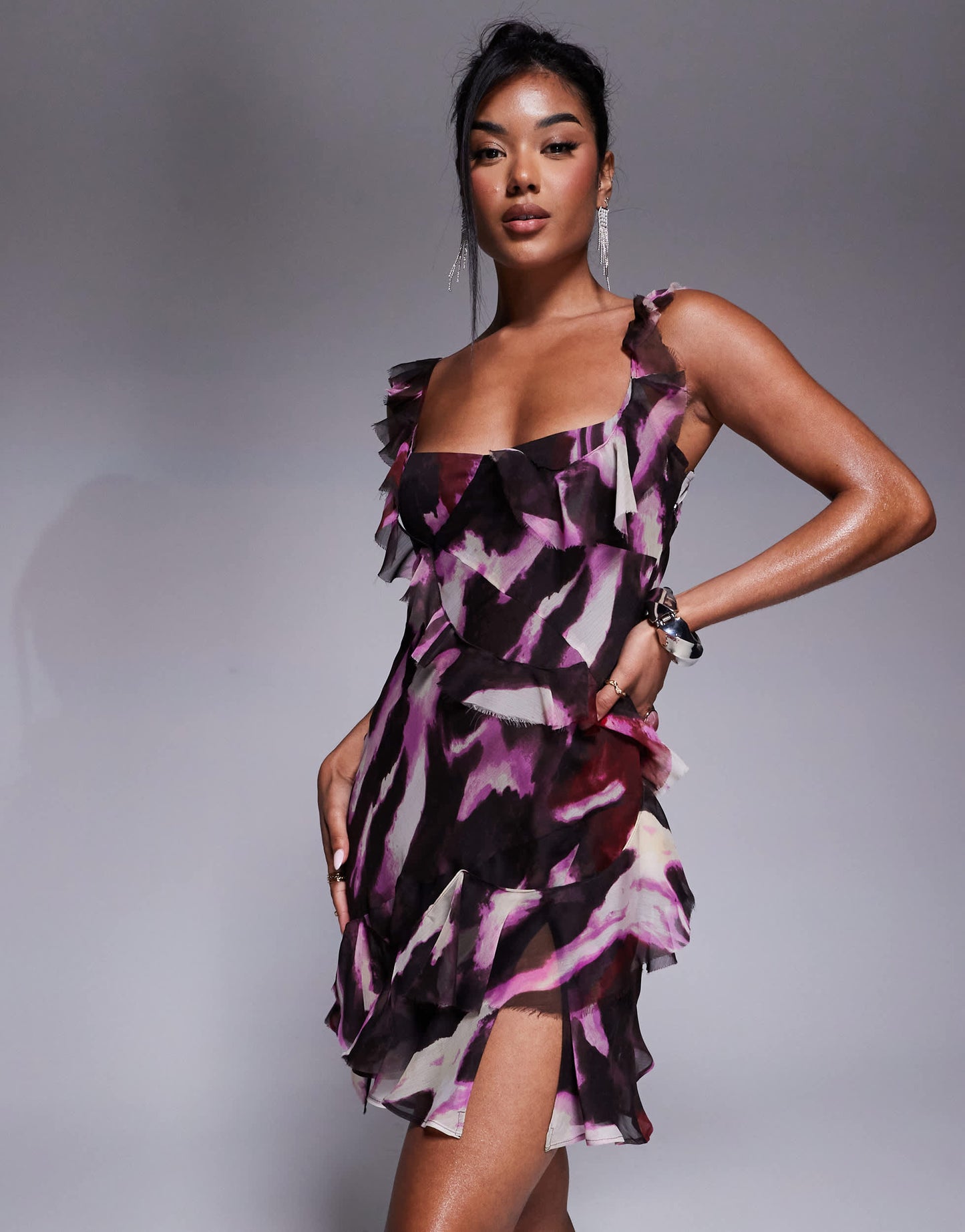 ASOS DESIGN raw edge frill mini dress with tie back in abstract print