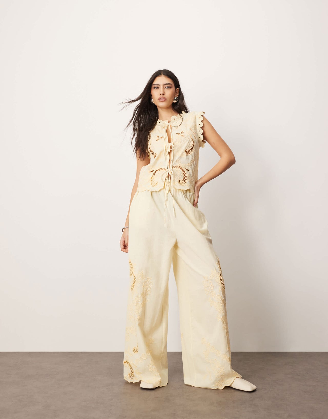 ARRANGE cotton embroidered cutwork straight leg trouser in lemon