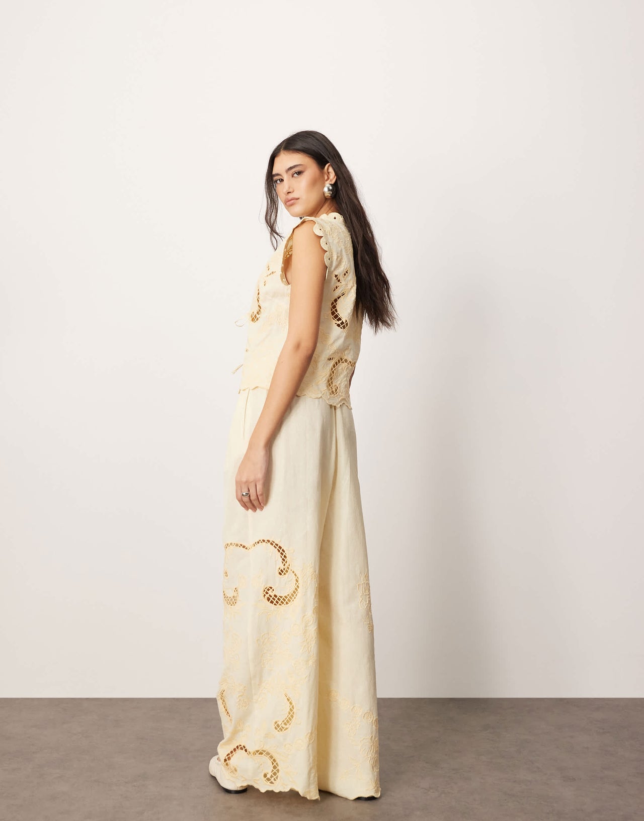 ARRANGE cotton embroidered cutwork straight leg trouser in lemon