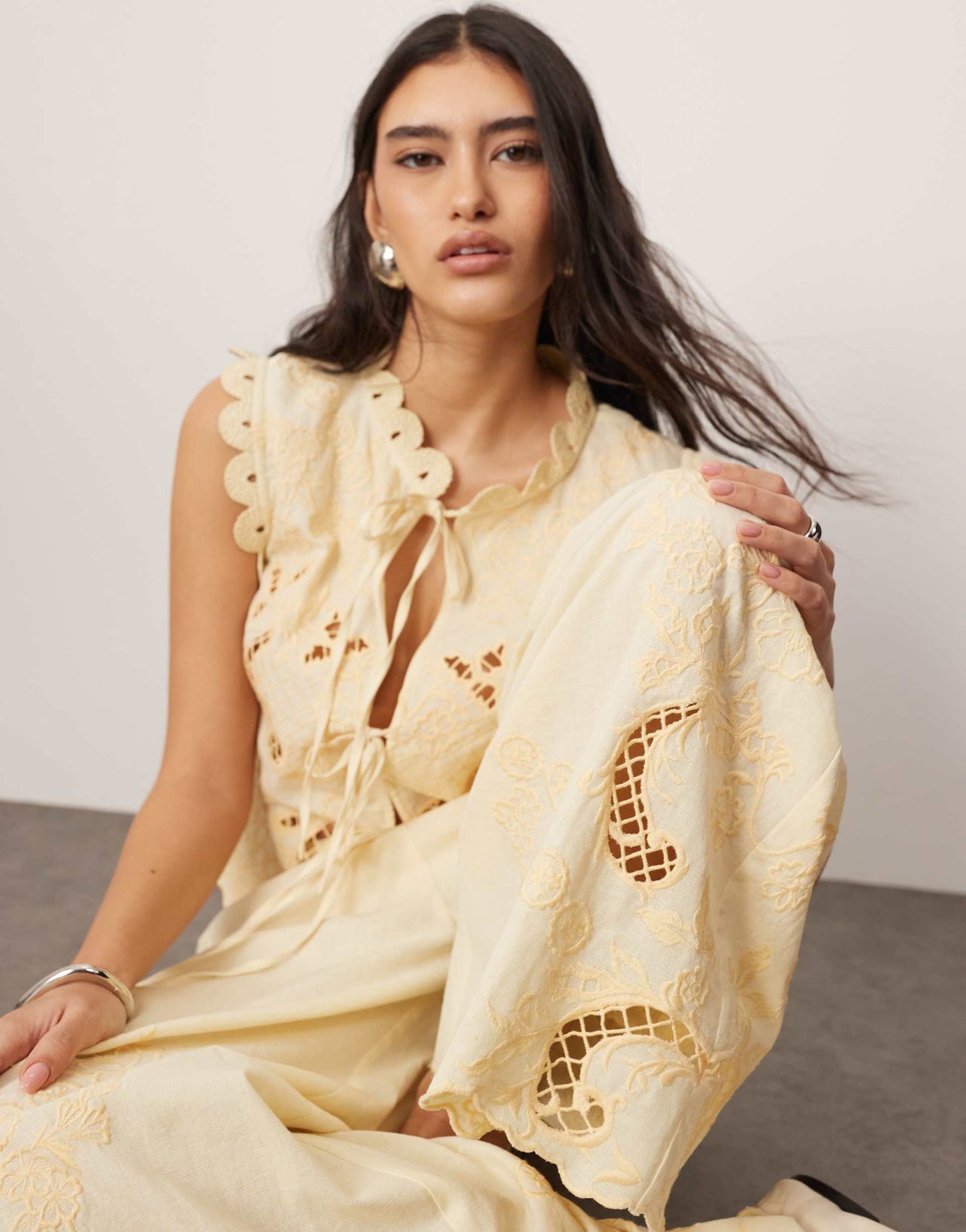 ARRANGE cotton embroidered cutwork straight leg trouser in lemon