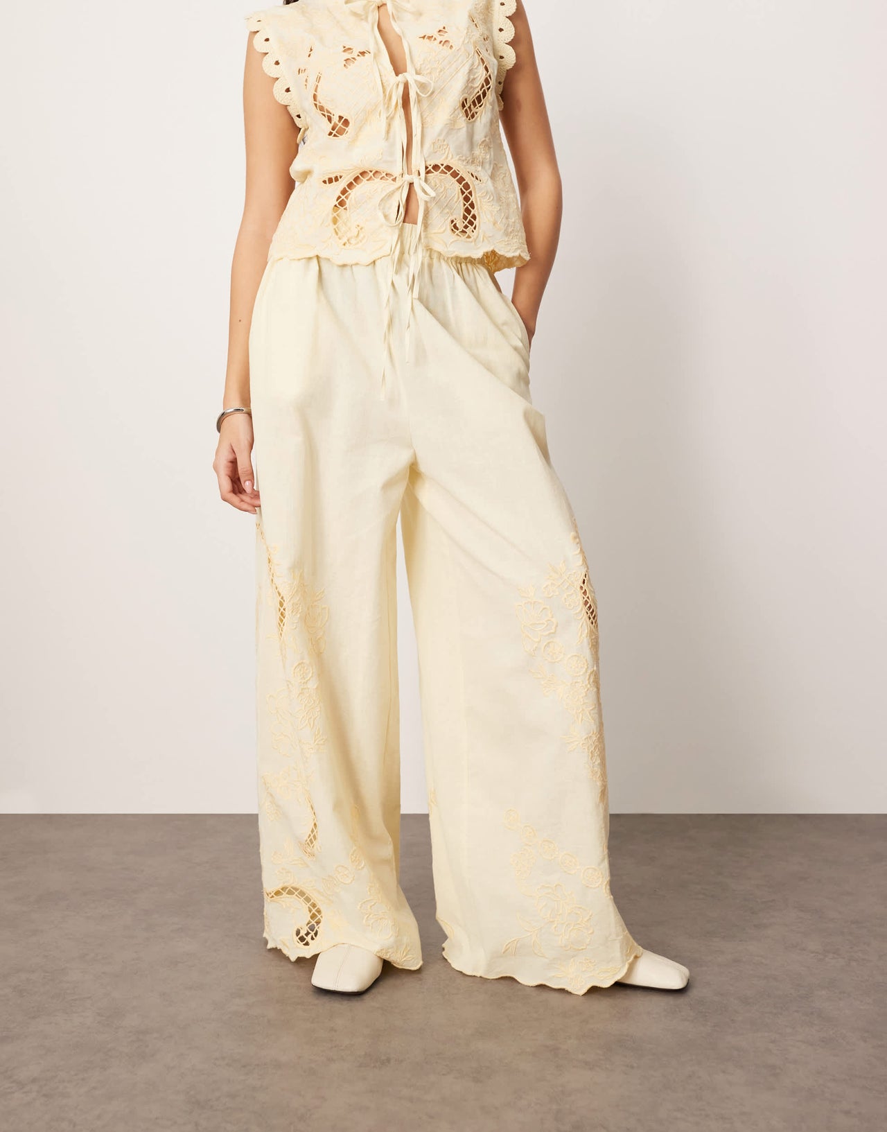 ARRANGE cotton embroidered cutwork straight leg trouser in lemon