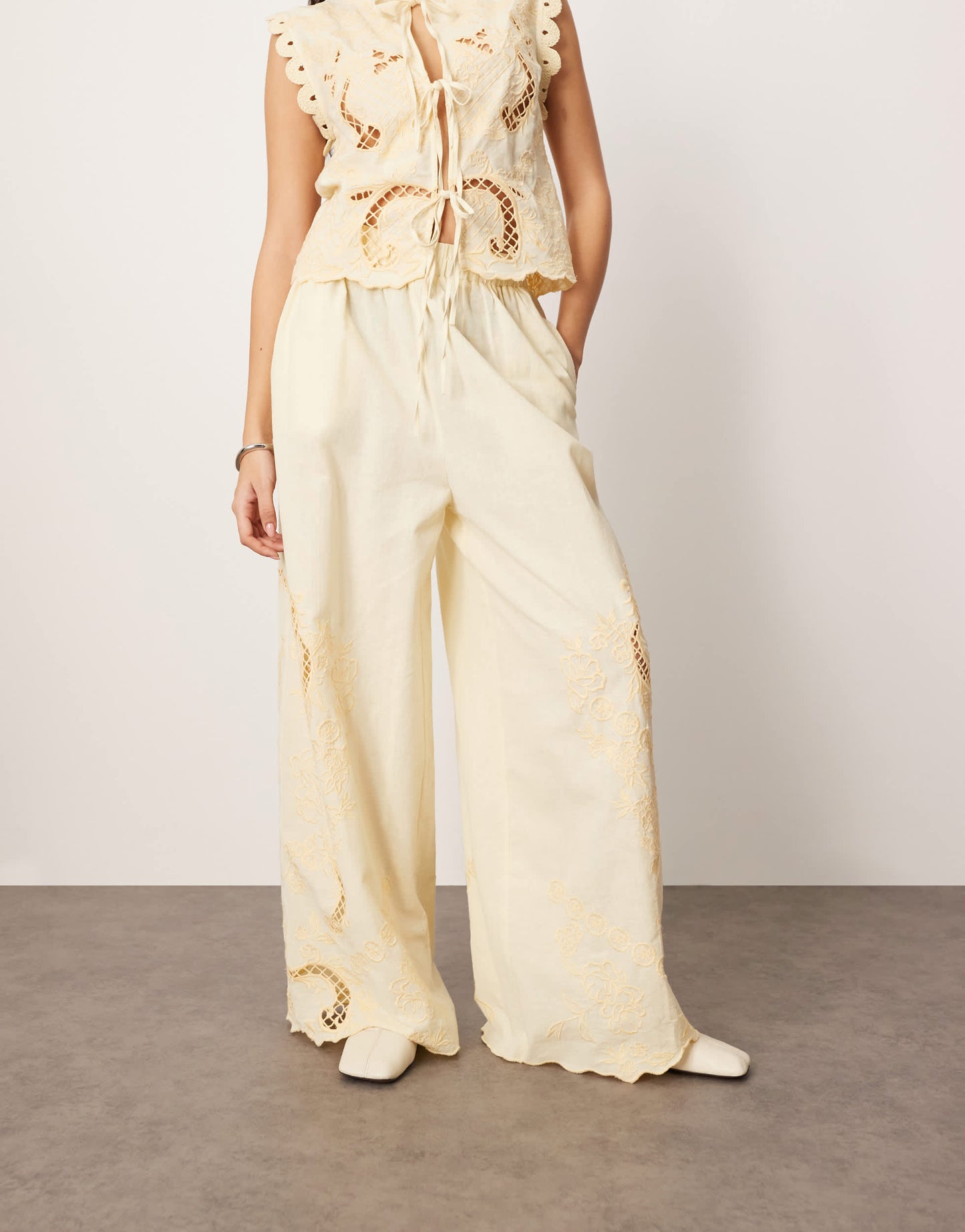 ARRANGE cotton embroidered cutwork straight leg trouser in lemon