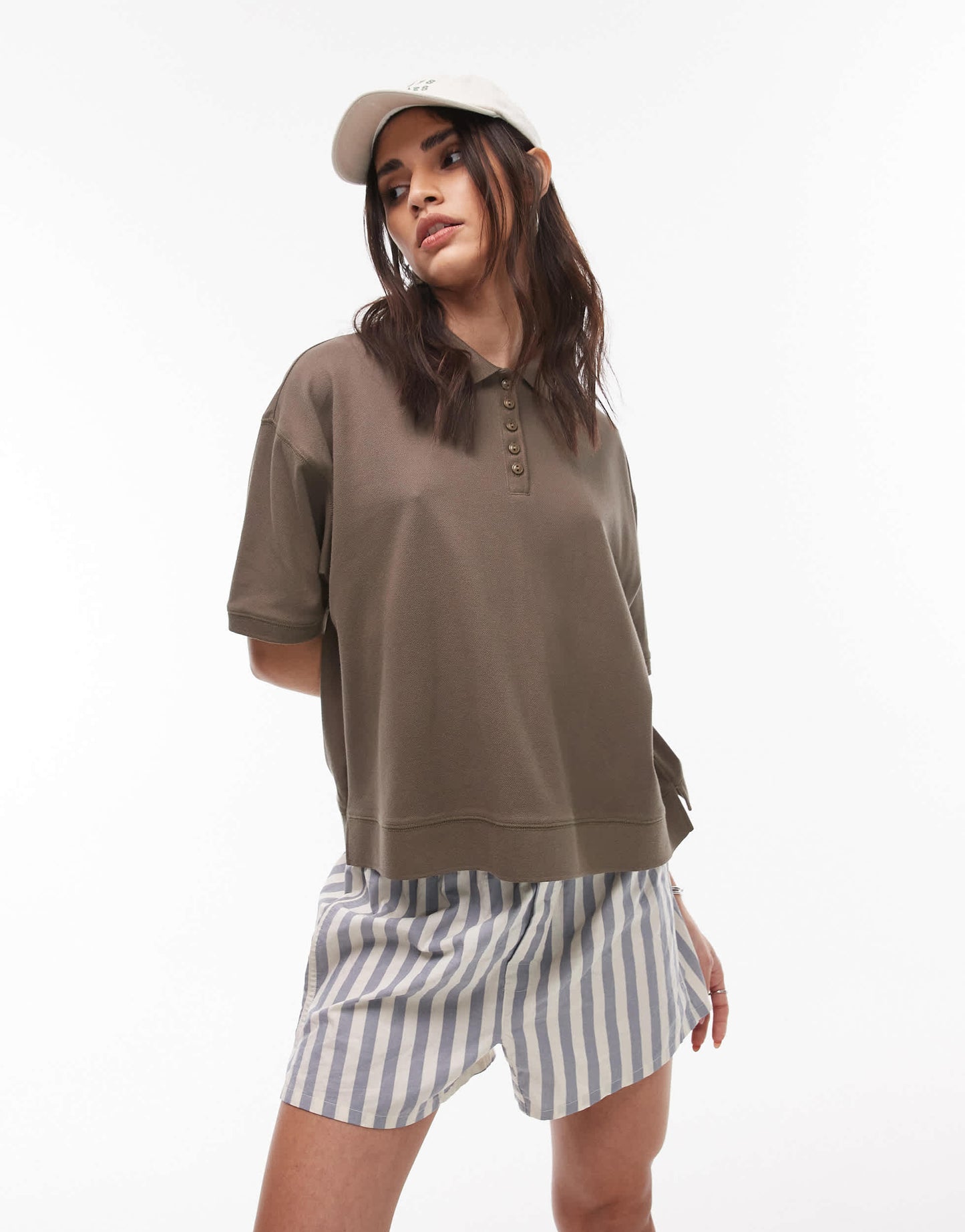 Topshop short sleeve boxy polo in khaki