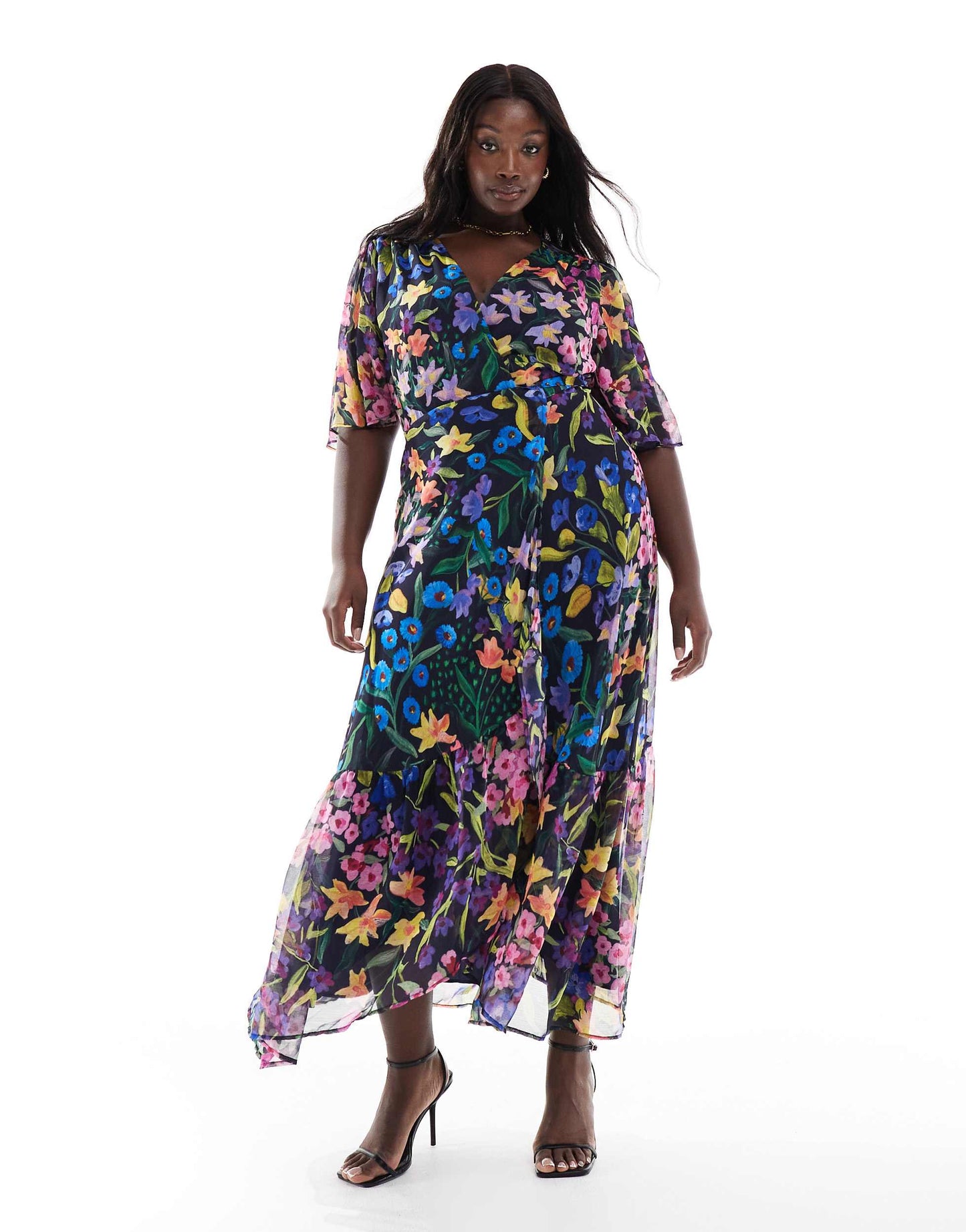 Hope & Ivy Plus flutter sleeve maxi wrap dress with tie waist in purple multi