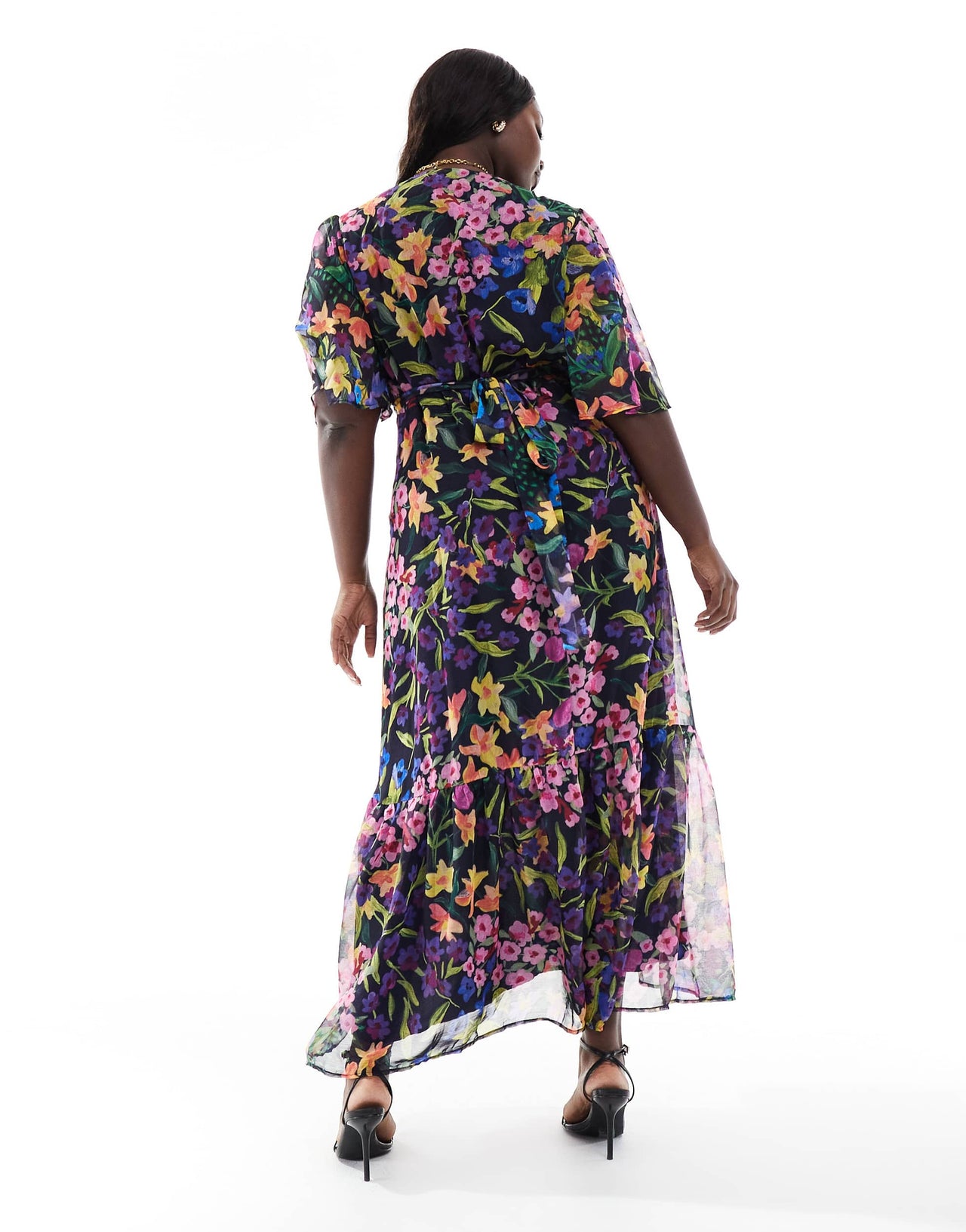 Hope & Ivy Plus flutter sleeve maxi wrap dress with tie waist in purple multi