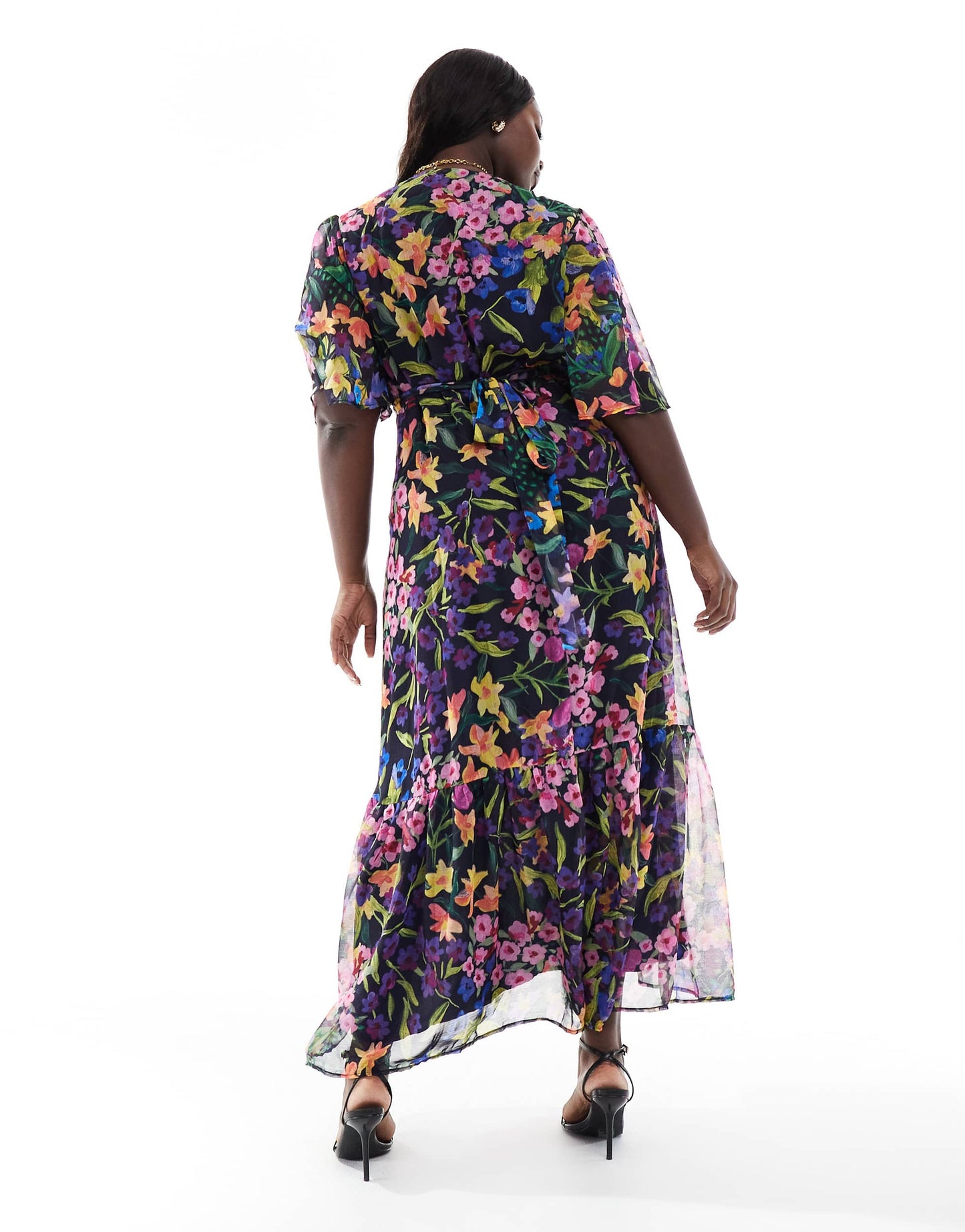 Hope & Ivy Plus flutter sleeve maxi wrap dress with tie waist in purple multi