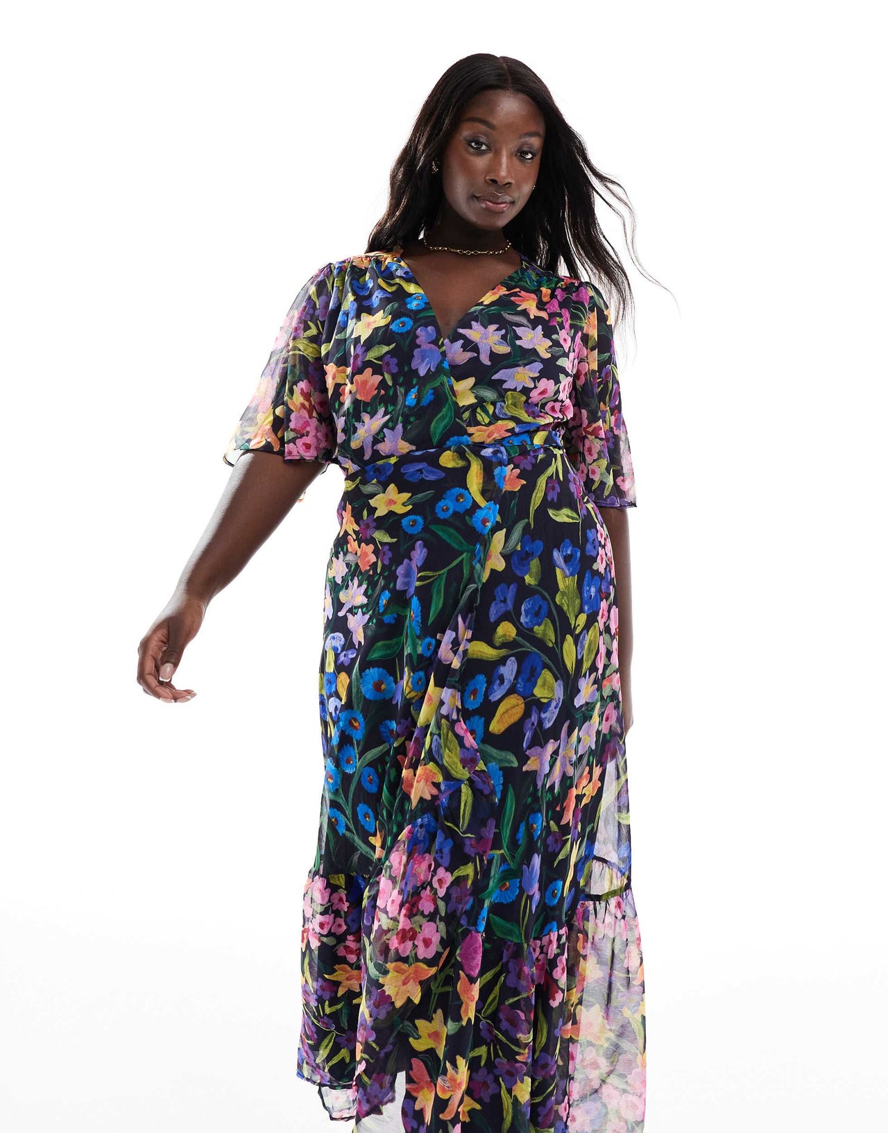 Hope & Ivy Plus flutter sleeve maxi wrap dress with tie waist in purple multi