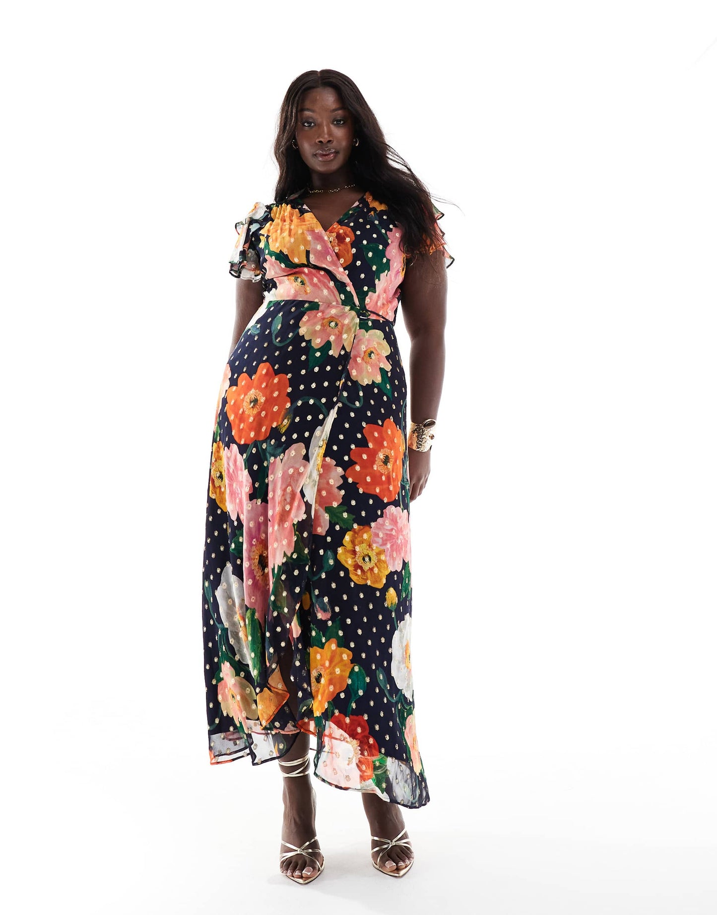 Hope & Ivy Plus frill sleeve midaxi wrap dress with tie waist in navy floral