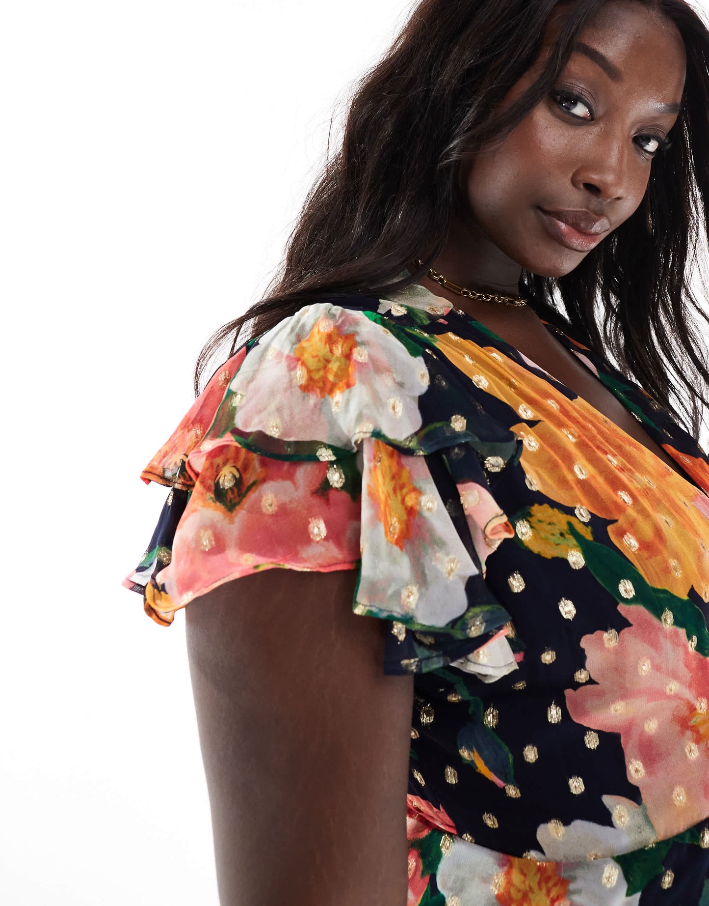 Hope & Ivy Plus frill sleeve midaxi wrap dress with tie waist in navy floral