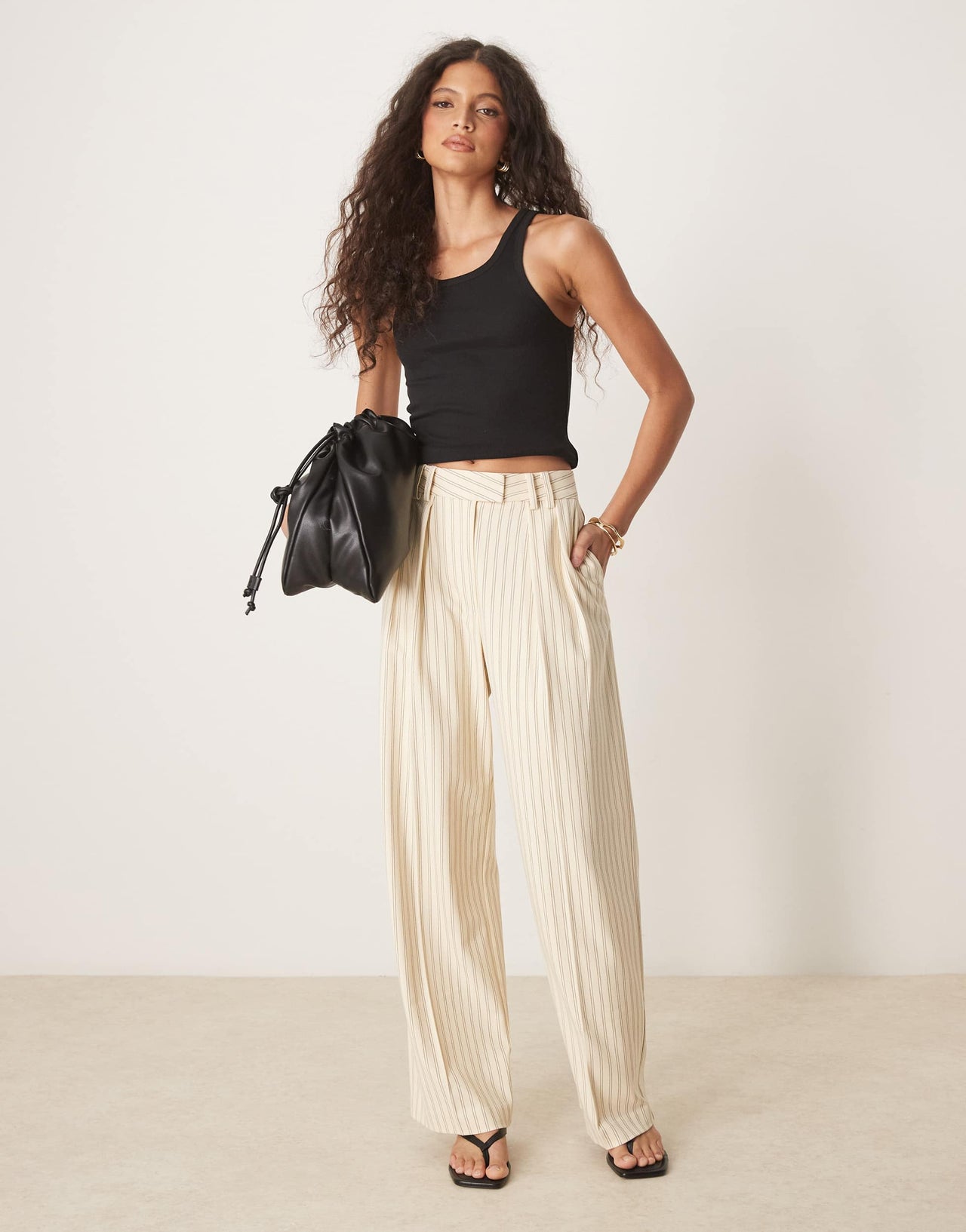 ASOS DESIGN tailored wide leg trousers with pleat detail in buttermilk stripe