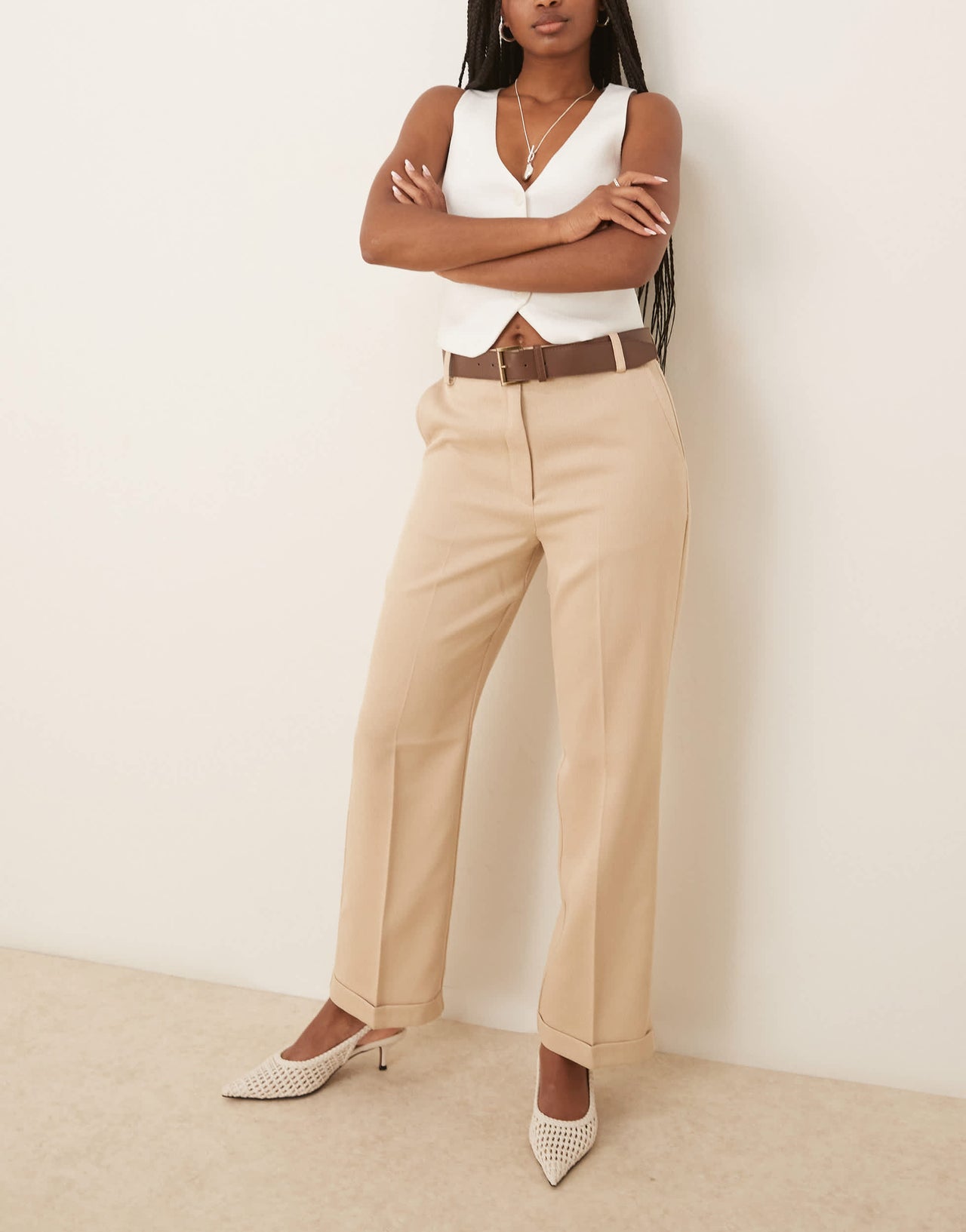 ASOS DESIGN tailored slim straight trousers with PU belt in stone