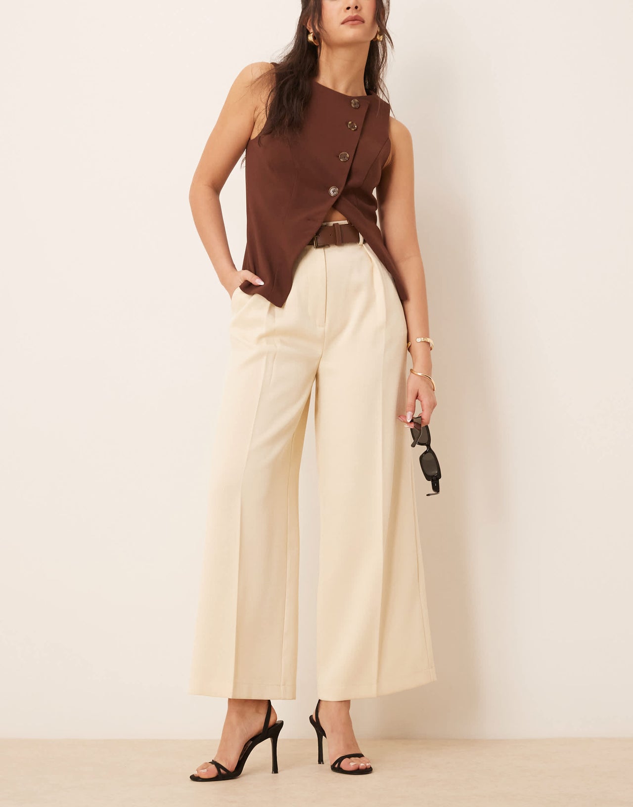 ASOS DESIGN tailored ankle grazer trousers with PU belt in buttermilk