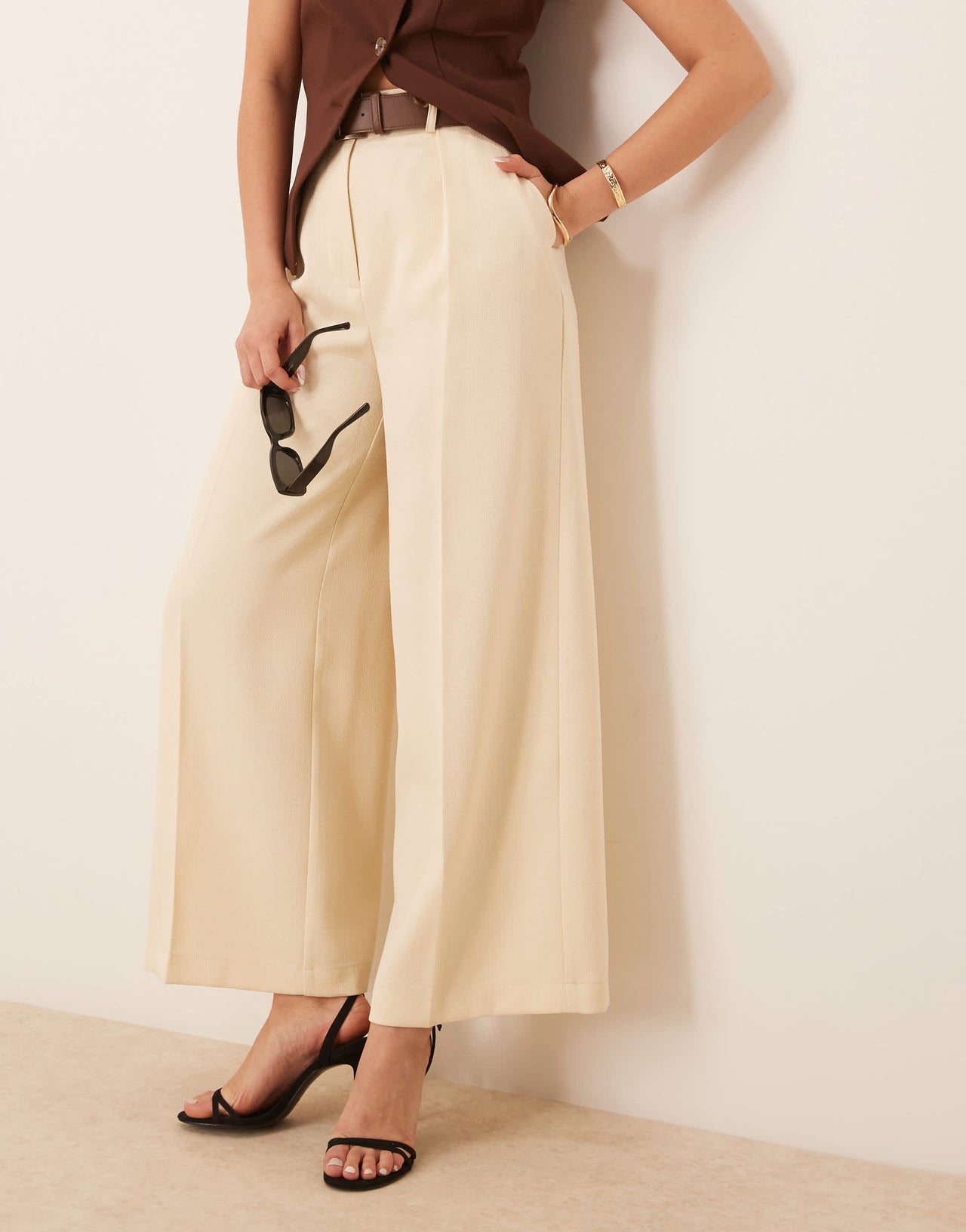 ASOS DESIGN tailored ankle grazer trousers with PU belt in buttermilk