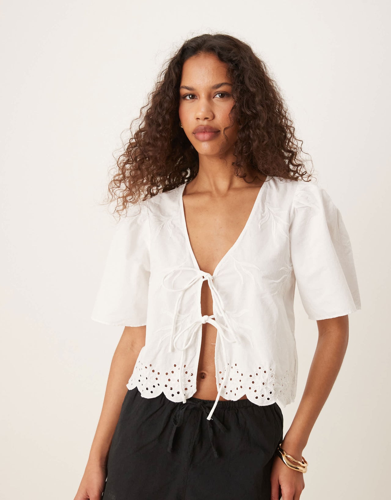 JDY tie front broderie cropped blouse in white