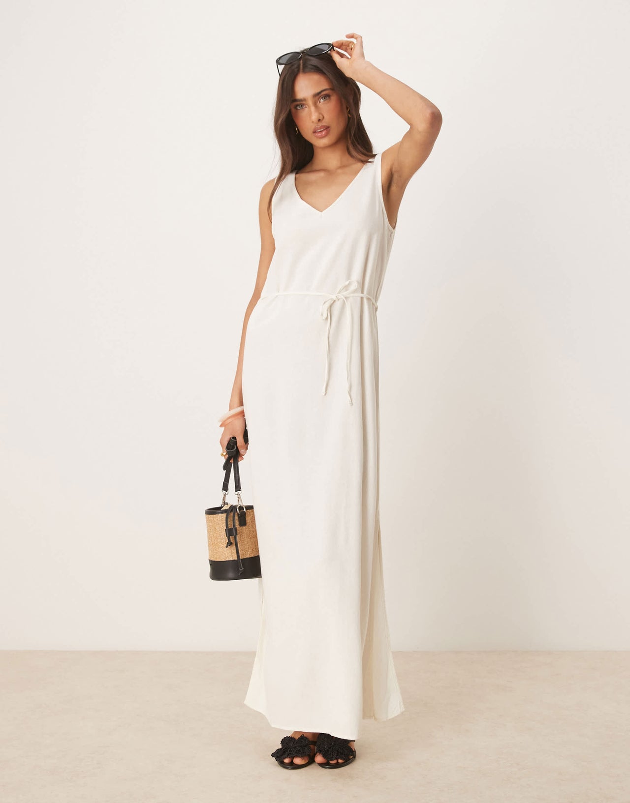JDY tie waist linen blend maxi dress in white