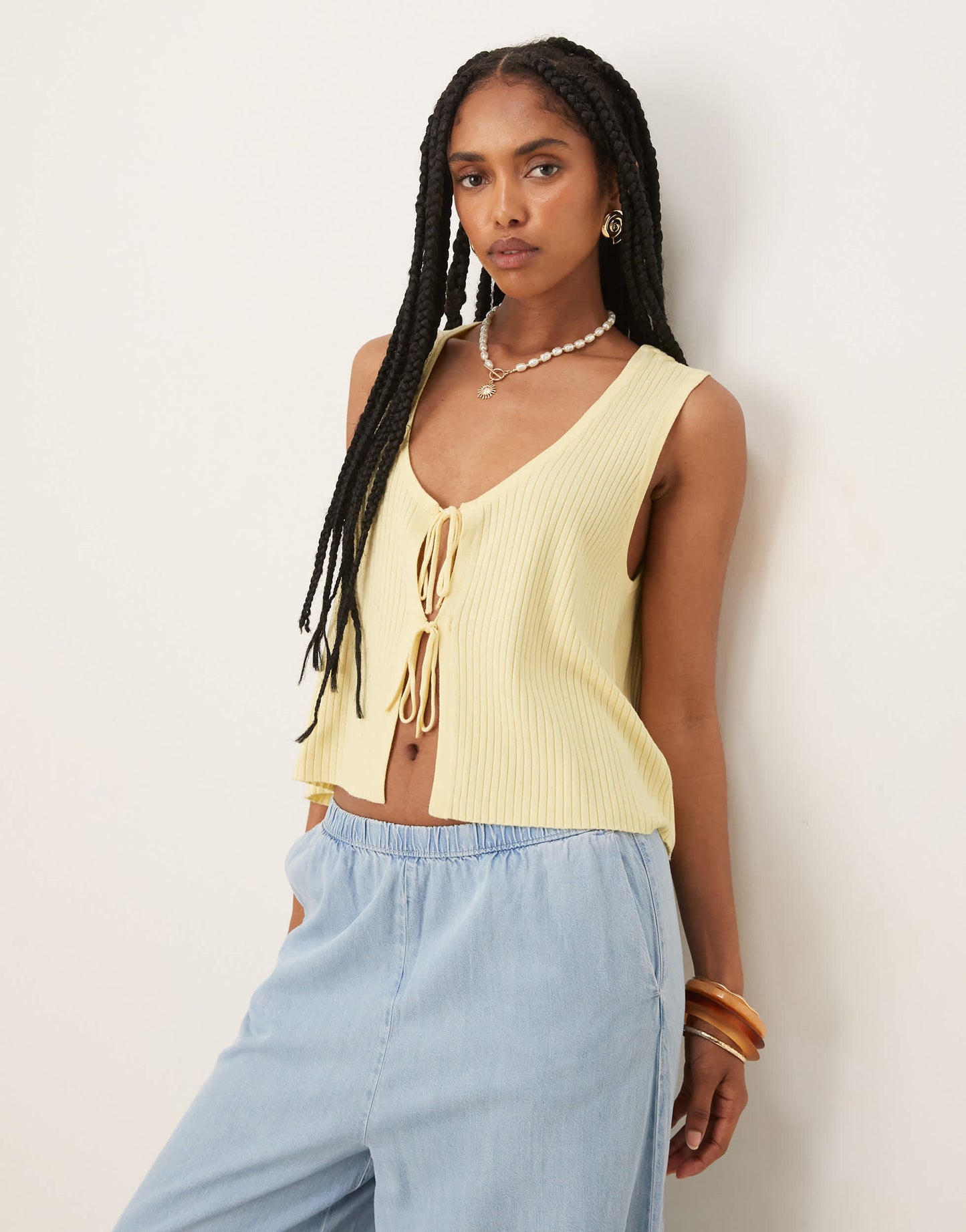 JDY tie front knitted vest in buttermilk yellow